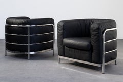 Zanotta Onda Pair of Armchairs in Matte Black Leather Chrome by De Pas, D'urbino