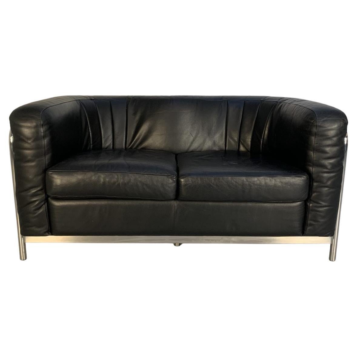 Zanotta “Onda” Sofa – 2-Seat – in Black “Scozia” Leather and Chrome