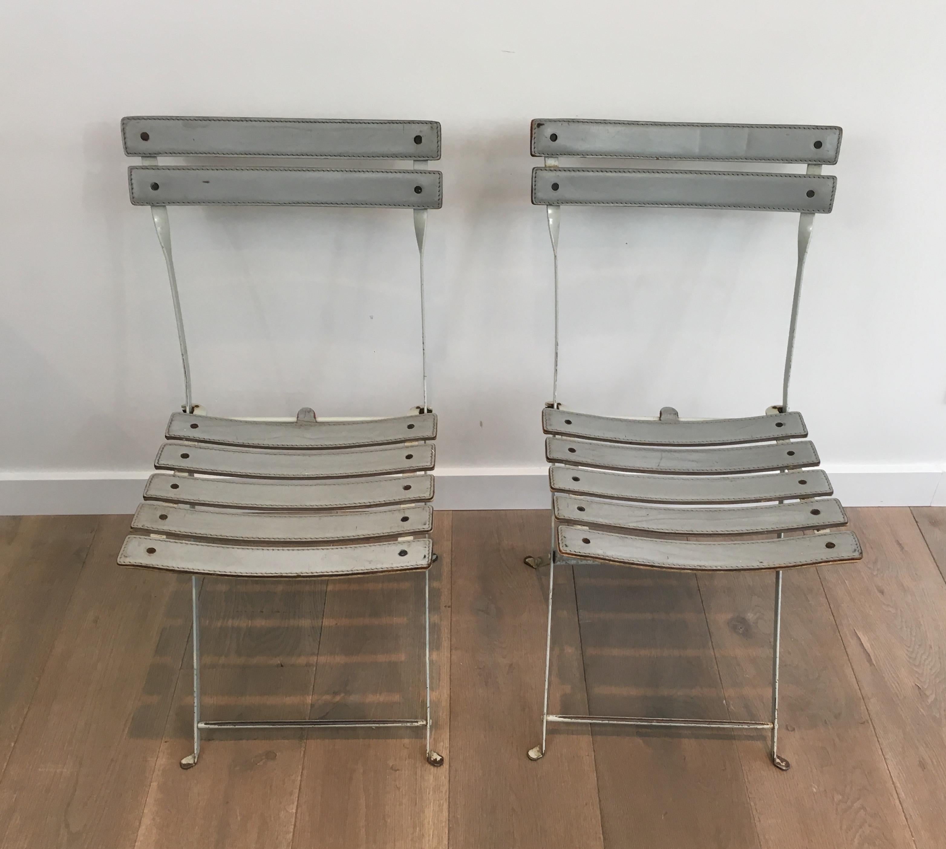 Zanotta, Pair of Grey Leather and White Lacquered Metal Folding Chairs, Italian For Sale 7