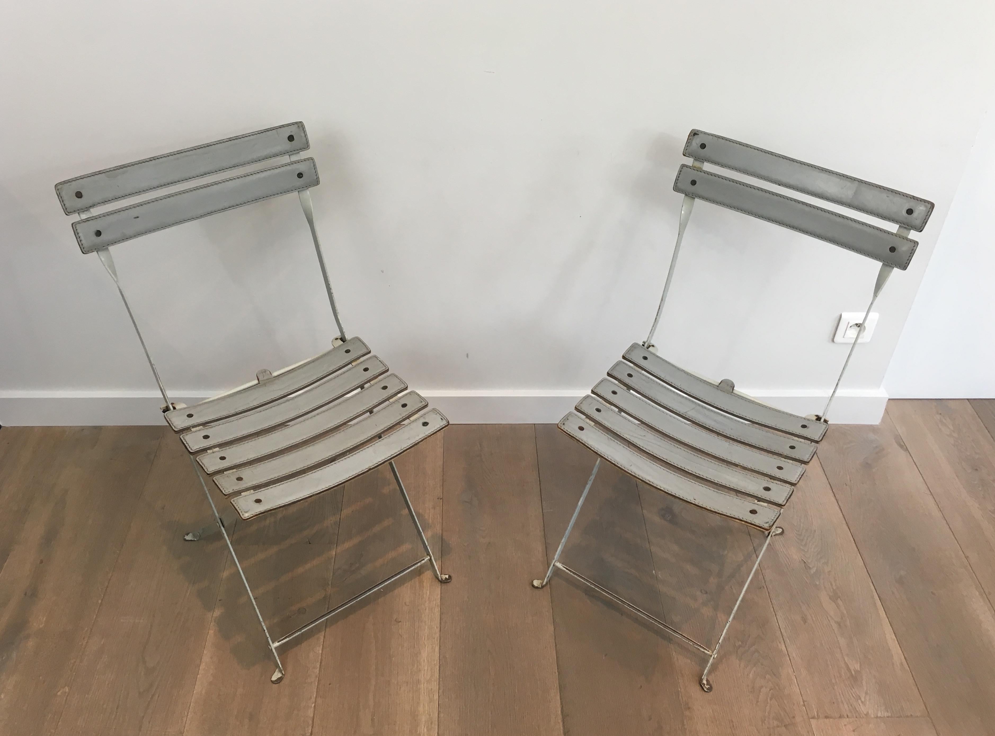 Zanotta, Pair of Grey Leather and White Lacquered Metal Folding Chairs, Italian For Sale 8