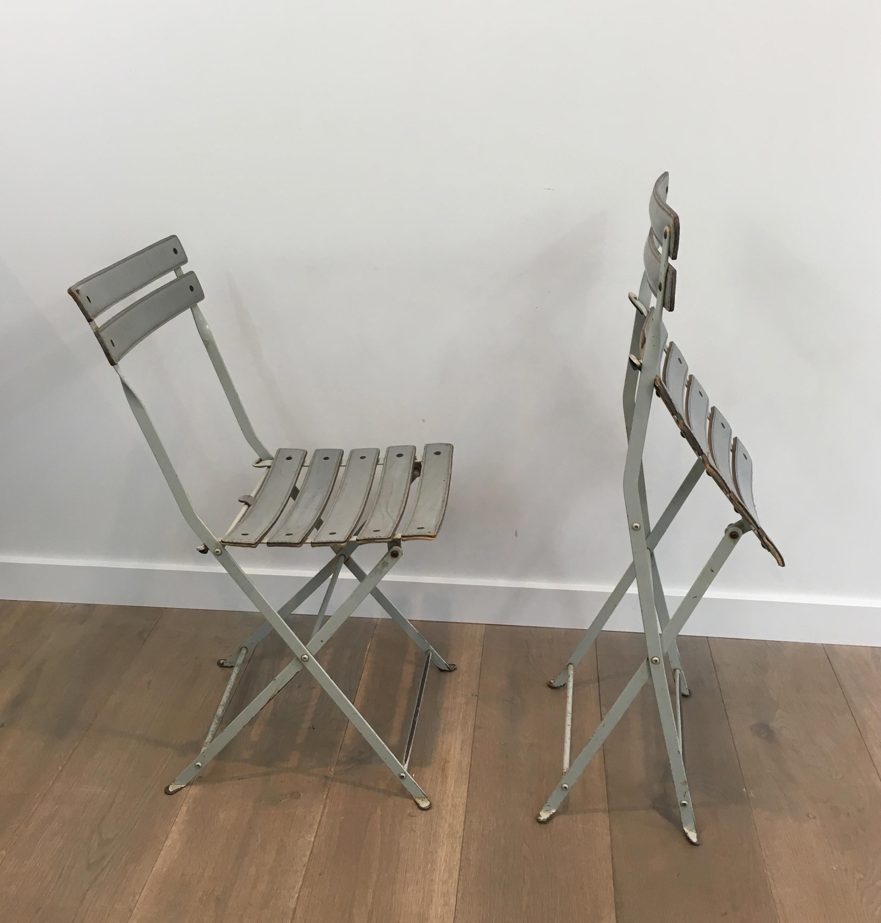 French Zanotta, Pair of Grey Leather and White Lacquered Metal Folding Chairs, Italian For Sale