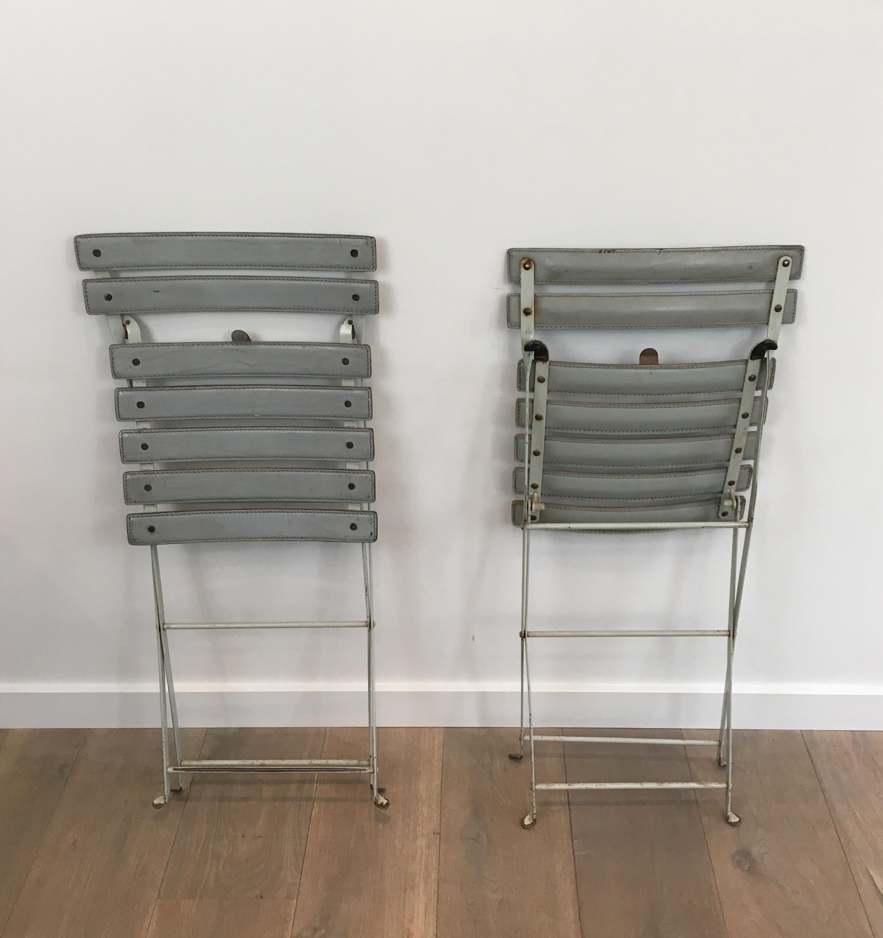 Late 20th Century Zanotta, Pair of Grey Leather and White Lacquered Metal Folding Chairs, Italian For Sale