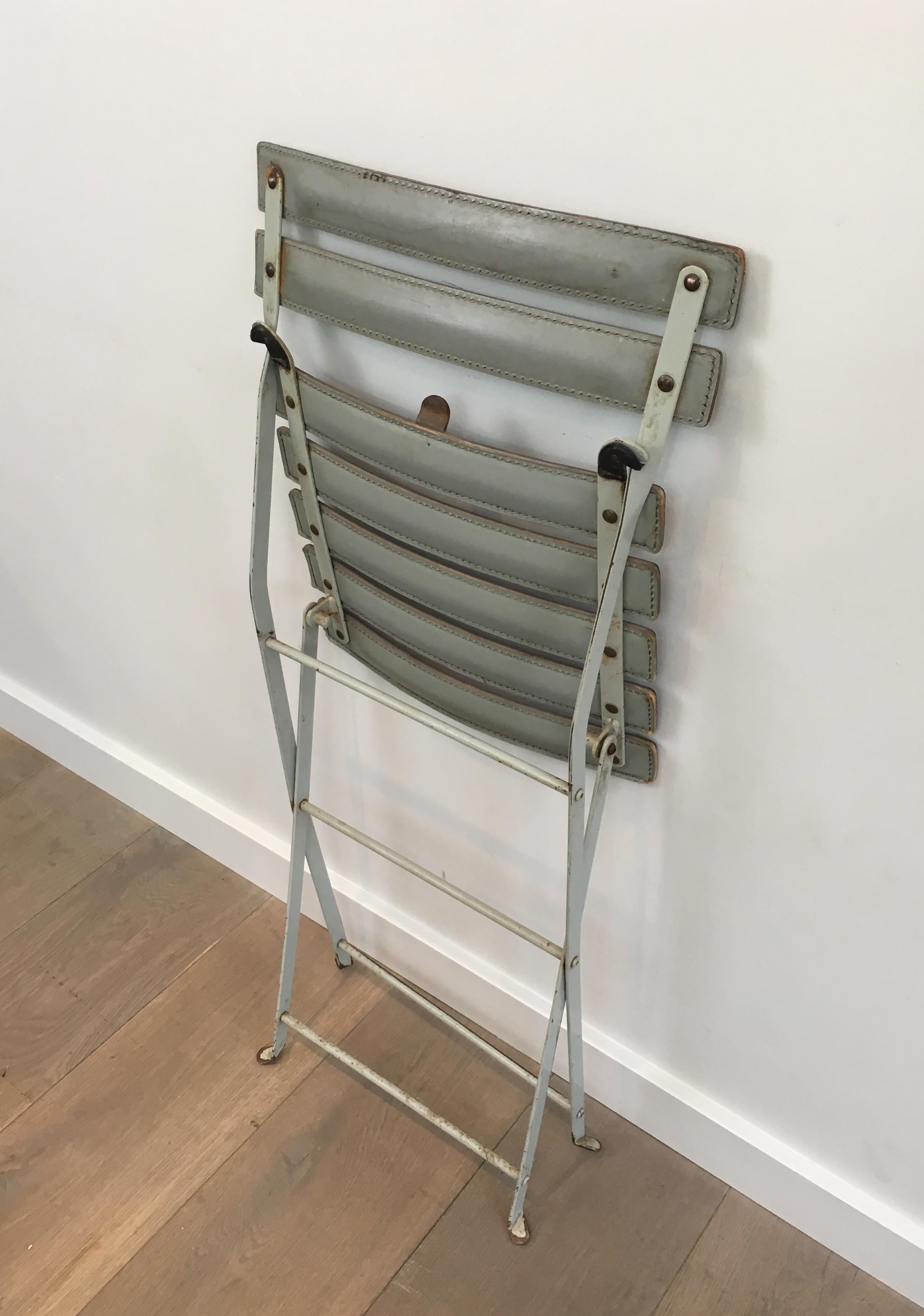 Zanotta, Pair of Grey Leather and White Lacquered Metal Folding Chairs, Italian For Sale 3