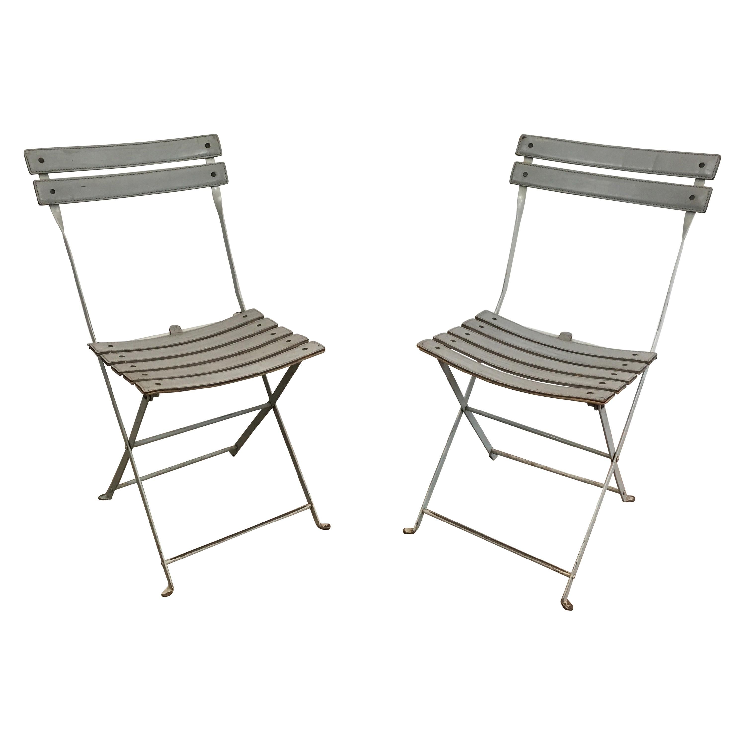 Zanotta, Pair of Grey Leather and White Lacquered Metal Folding Chairs, Italian