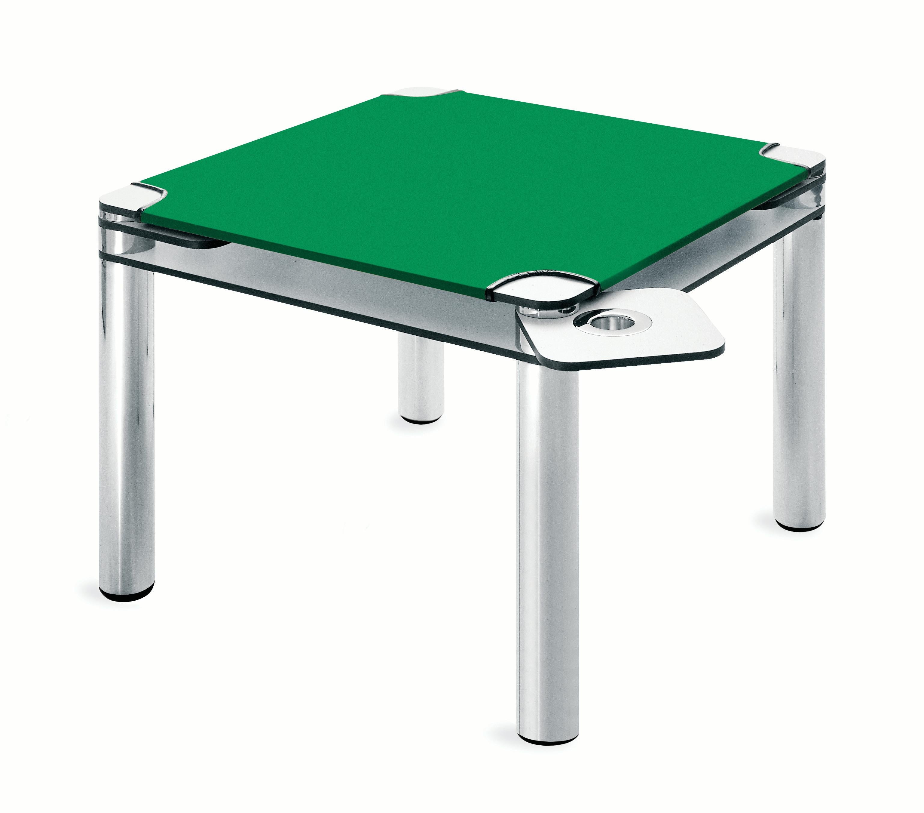 Zanotta Poker Card Table in Double Top White Plastic Laminate and Green Baize Leather by Joe Colombo

Double top in 9/16” thick , white layered plastic laminate. Corner mounted swing-away ashtrays. Removable, leather trimmed green baize. Removable,