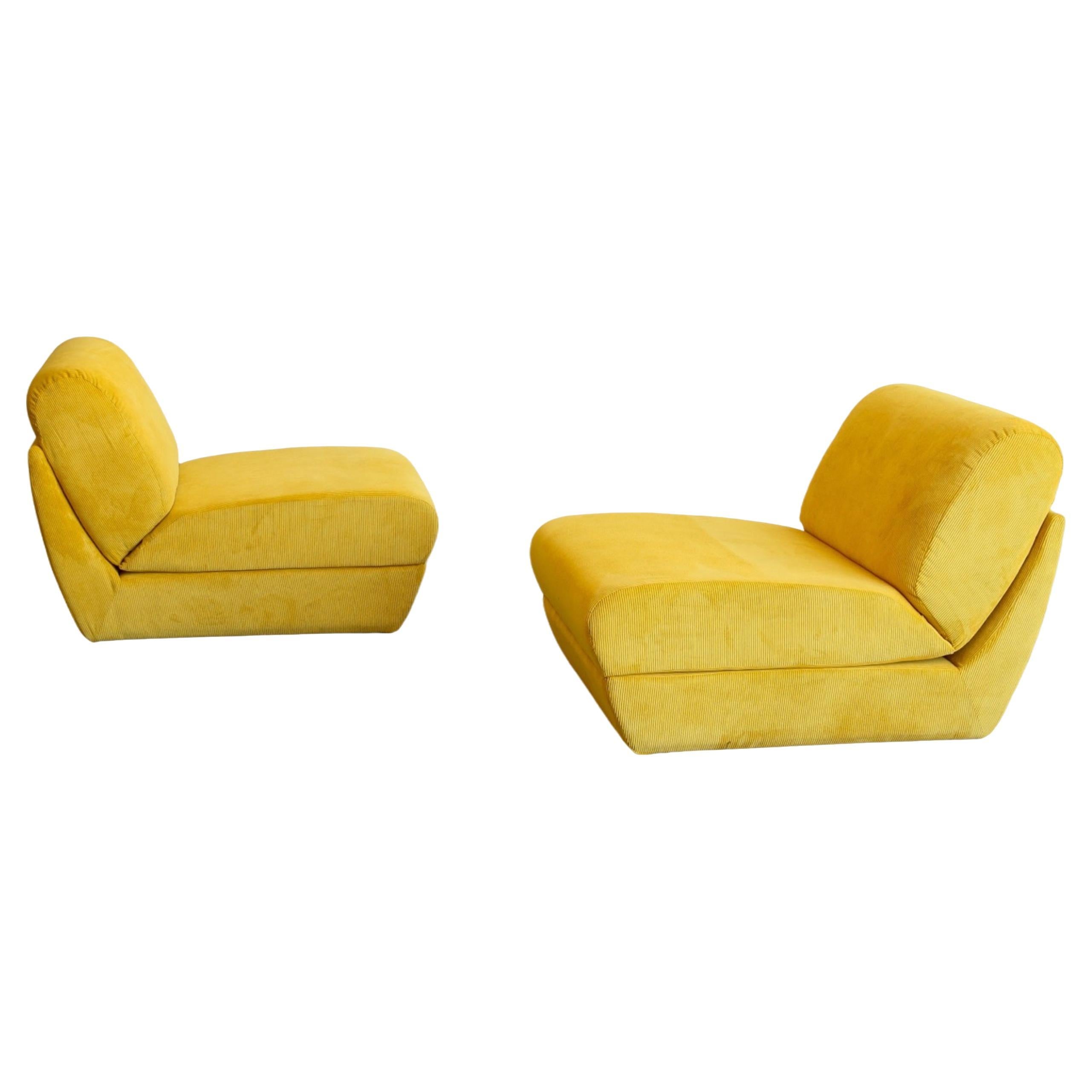 Zanotta Set of Two Yellow Velvet Lounge Chairs