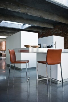 Zanotta Small Leo Stool in Brown Leather Upholstery and Aluminum Frame