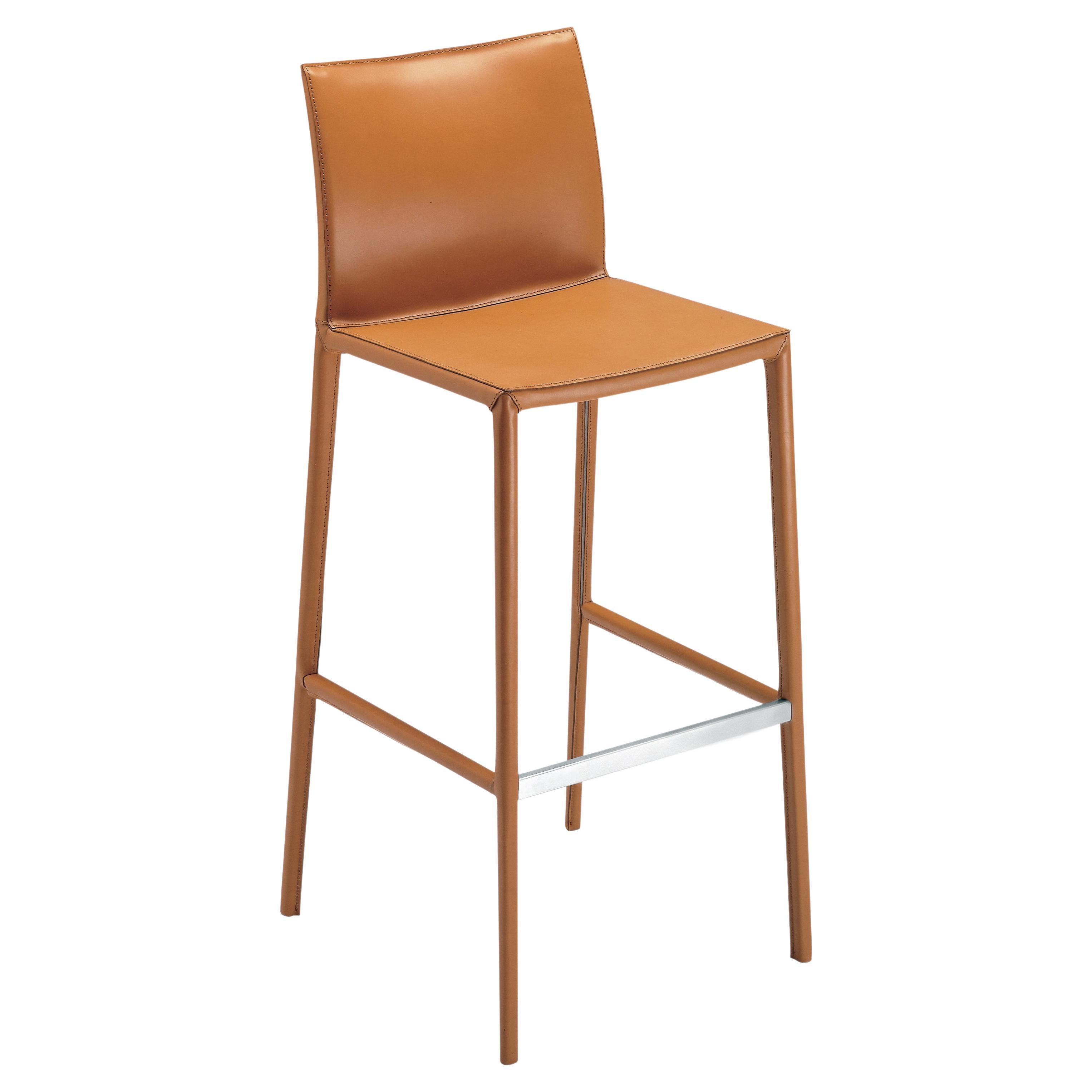 Zanotta Small Leo Stool in Brown Leather Upholstery and Aluminum Frame For Sale