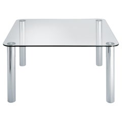 Table Zanotta Marcuso avec plateau en verre plat et piètement en acier inoxydable