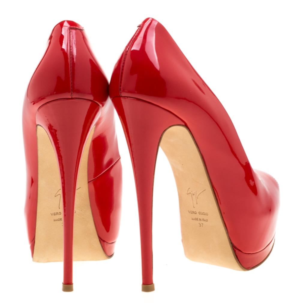Women's Zanotti Red Patent Leather Peep Toe Platform Pumps Size 37