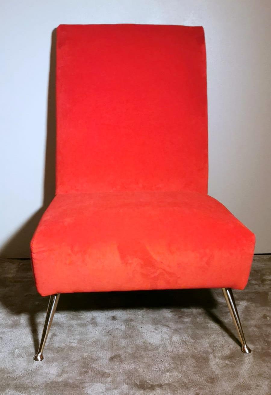Zanuso Marco Style Italian Armchair with Red Velvet In Good Condition For Sale In Prato, Tuscany