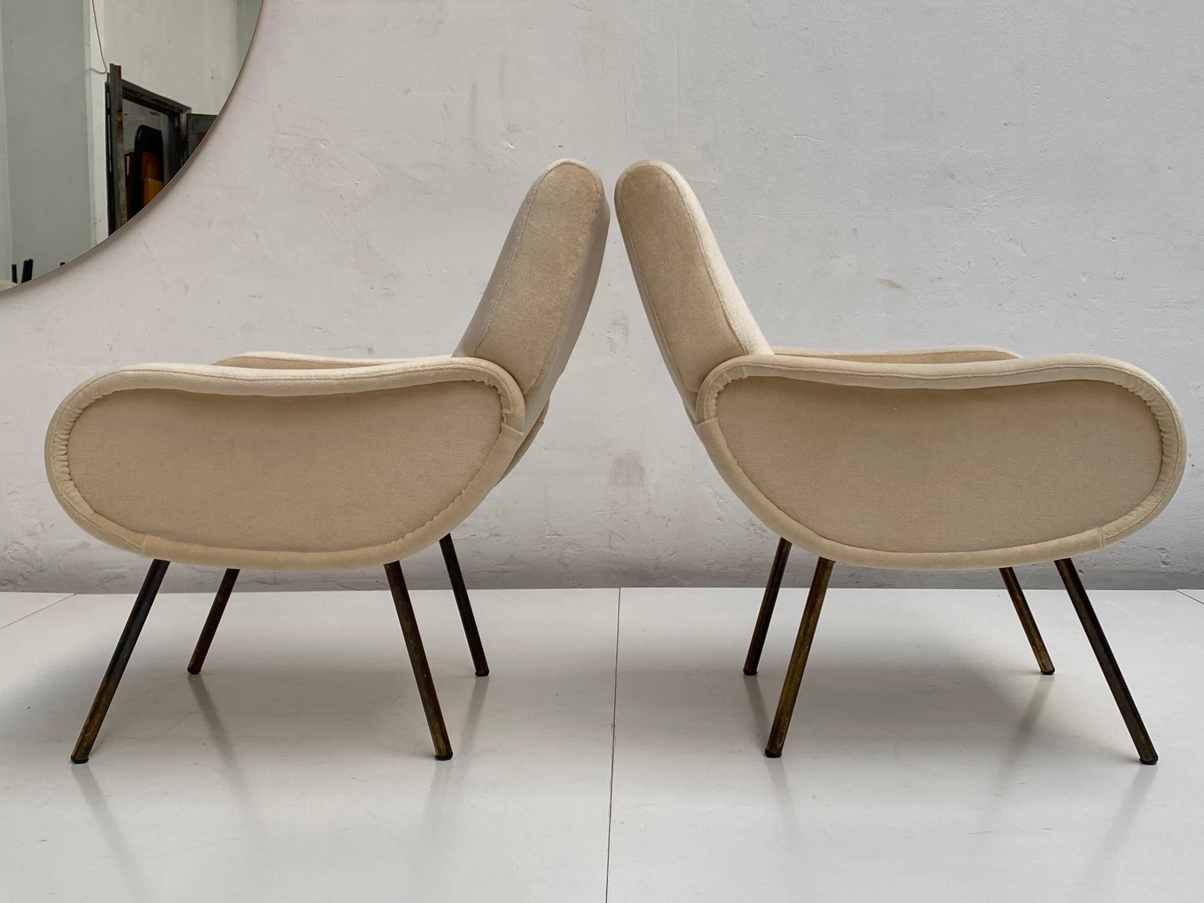Zanuso Mohair 'Baby' Lounge Chairs, Early Wood Frames, Brass Legs, Arflex, 1951 For Sale 5