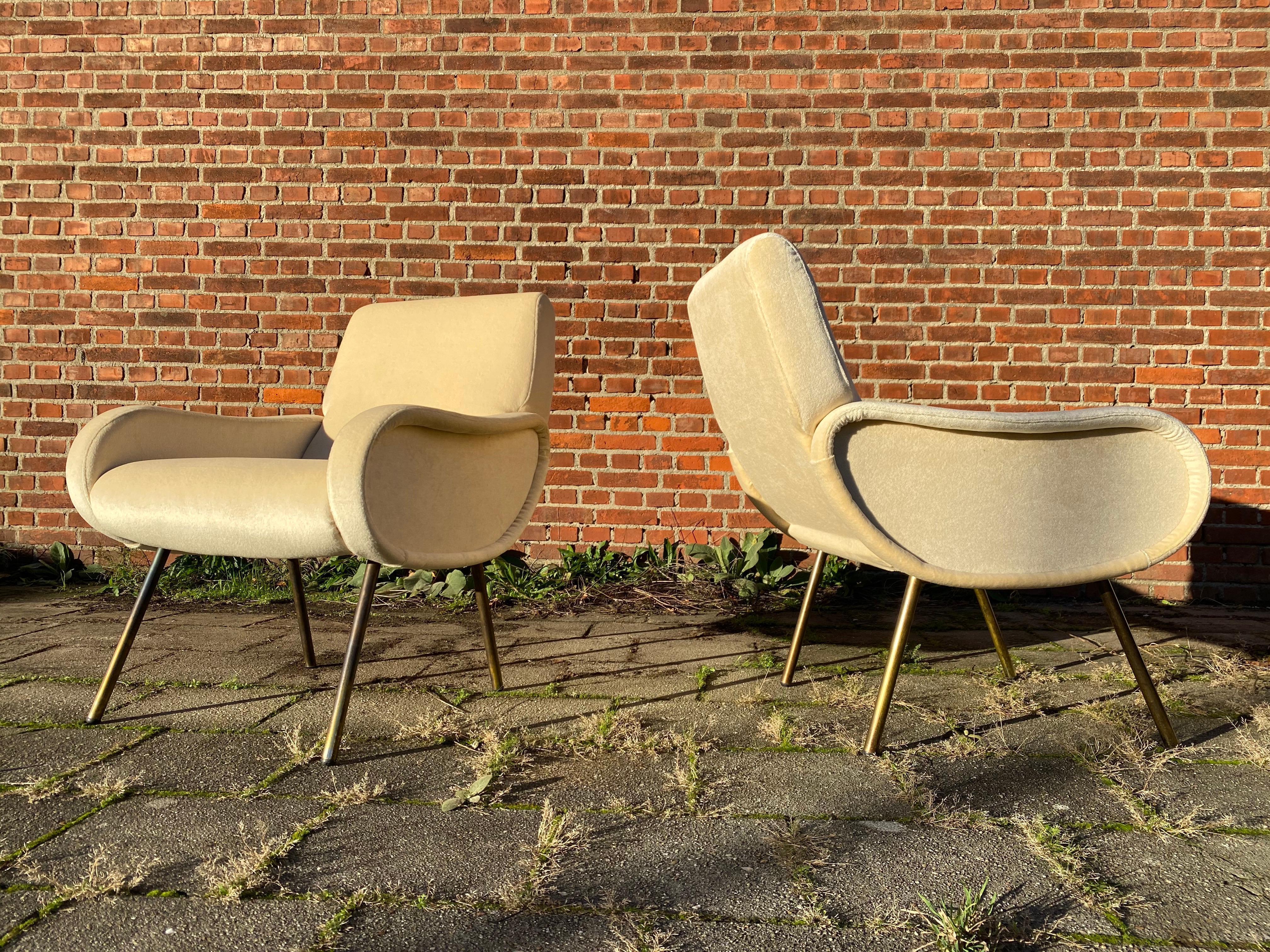 italien Fauteuils de salon Baby en mohair de Zanuso, cadres en bois ancien, pieds en laiton, Arflex, 1951