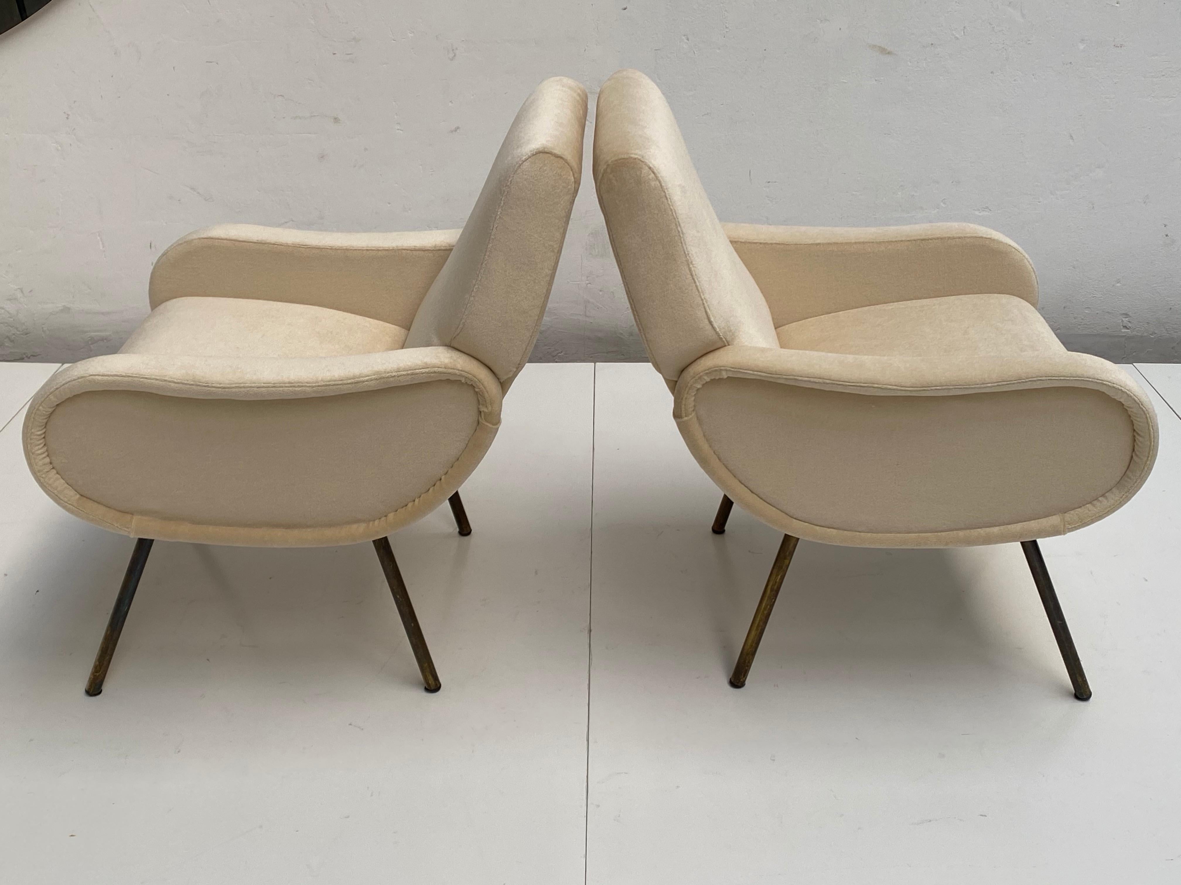 Mid-20th Century Zanuso Mohair 'Baby' Lounge Chairs, Early Wood Frames, Brass Legs, Arflex, 1951 For Sale