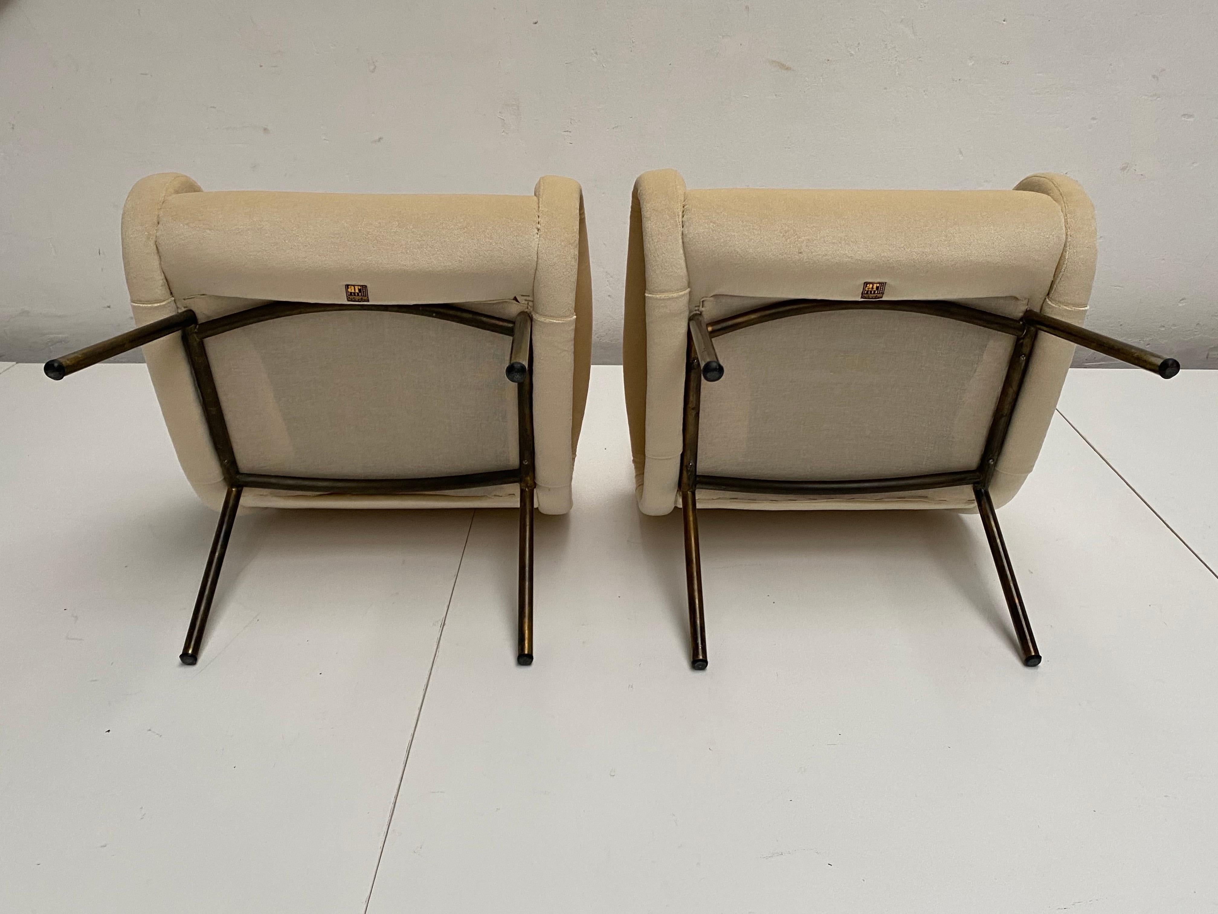 Zanuso Mohair 'Baby' Lounge Chairs, Early Wood Frames, Brass Legs, Arflex, 1951 For Sale 7