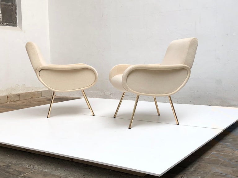 Zanuso Mohair 'Baby' Lounge Chairs, Early Wood Frames, Brass Legs