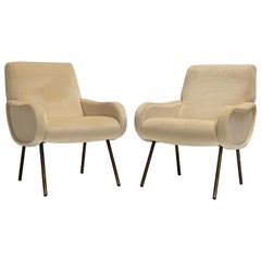 Retro Zanuso Mohair 'Baby' Lounge Chairs, Early Wood Frames, Brass Legs, Arflex, 1951