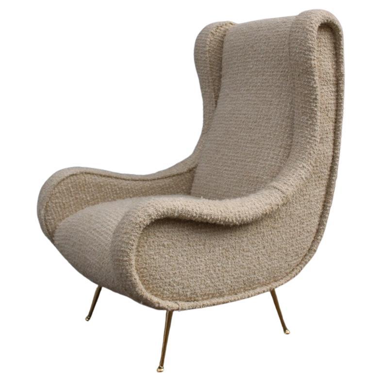 Zanuso Senior Armchair Midcentury Italian Design Wool Fabric 1950s Brass Feet For Sale