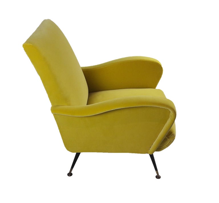 Zanuso's Style Yellow Velvet Italian MidCentury Modern Armchair, 1950s