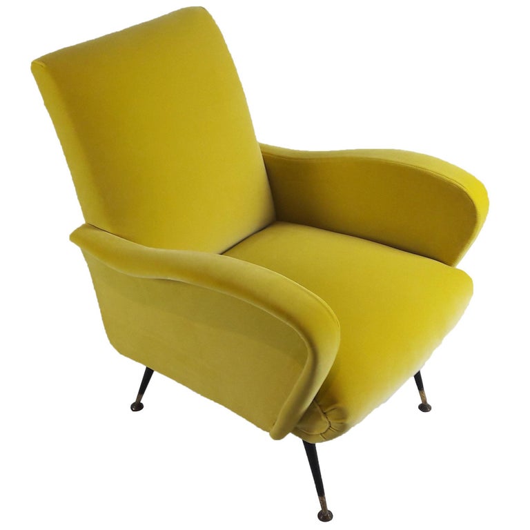 Zanuso's Style Yellow Velvet Italian MidCentury Modern Armchair, 1950s