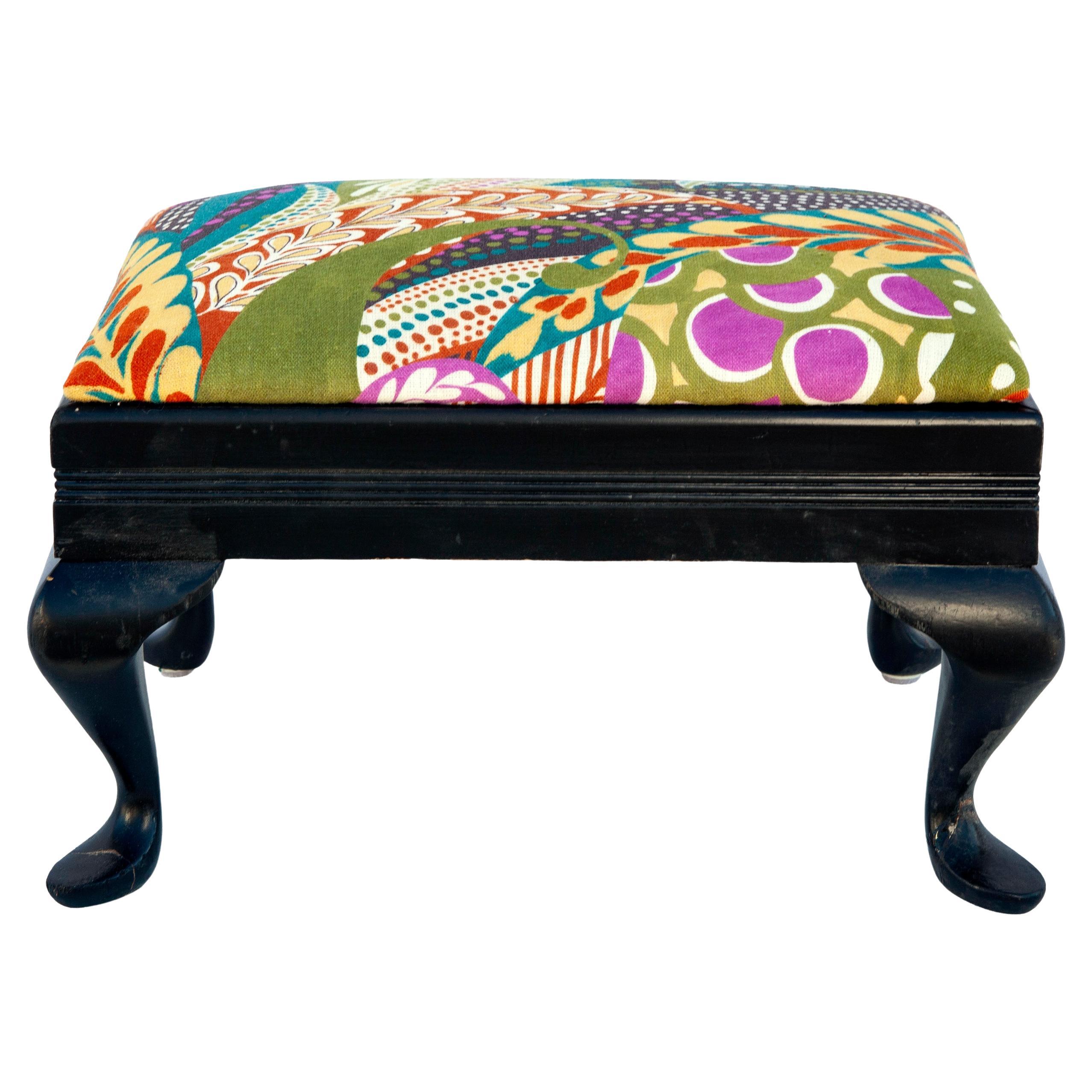 Zany Clarence House Printed Linen Fabric on Ebony Footstool