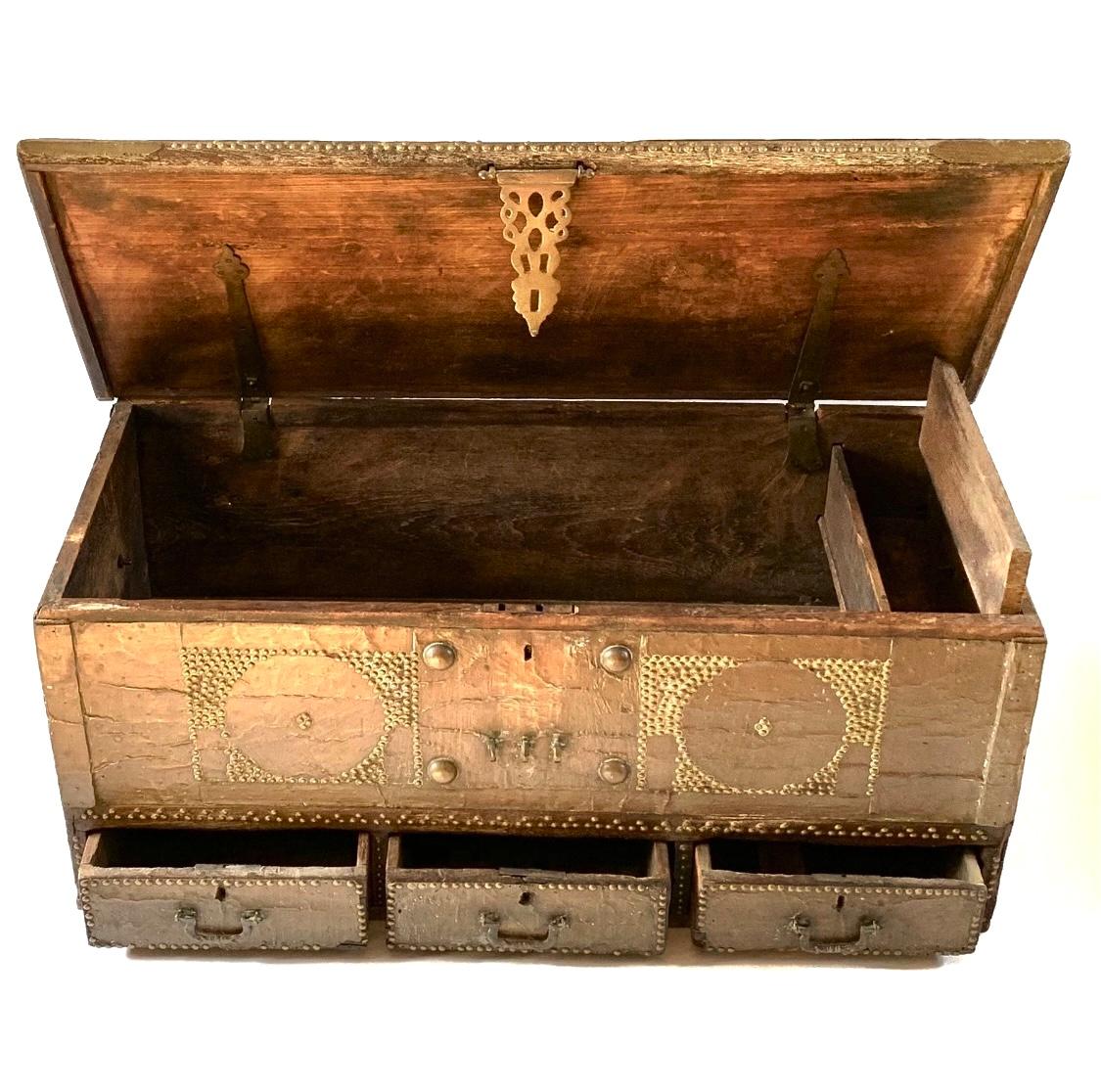 A rare mid 19th century Zanzibar chest out fitted with bronze sheet and brass studs in a stunning design on the front, sides and top. Dowry chests have a well documented history as icons of the Eastern hemisphere. A Zanzibar chest was essential in a