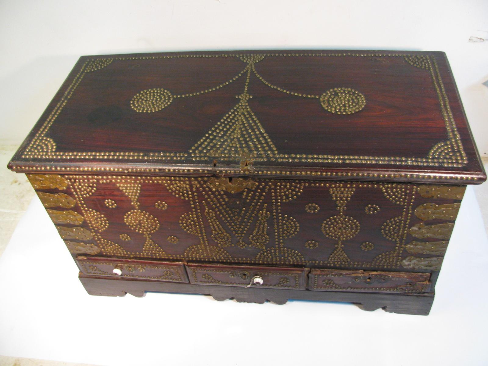 British Colonial Zanzibar Mid-19th Century Studded Rosewood Chest with 3 Drawers