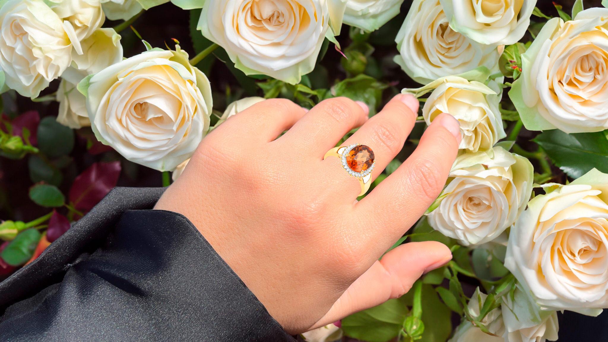 Contemporary Zanzibar Orange Zircon Ring White Zircon Halo 3.95 Carats 14K Yellow Gold Plated For Sale