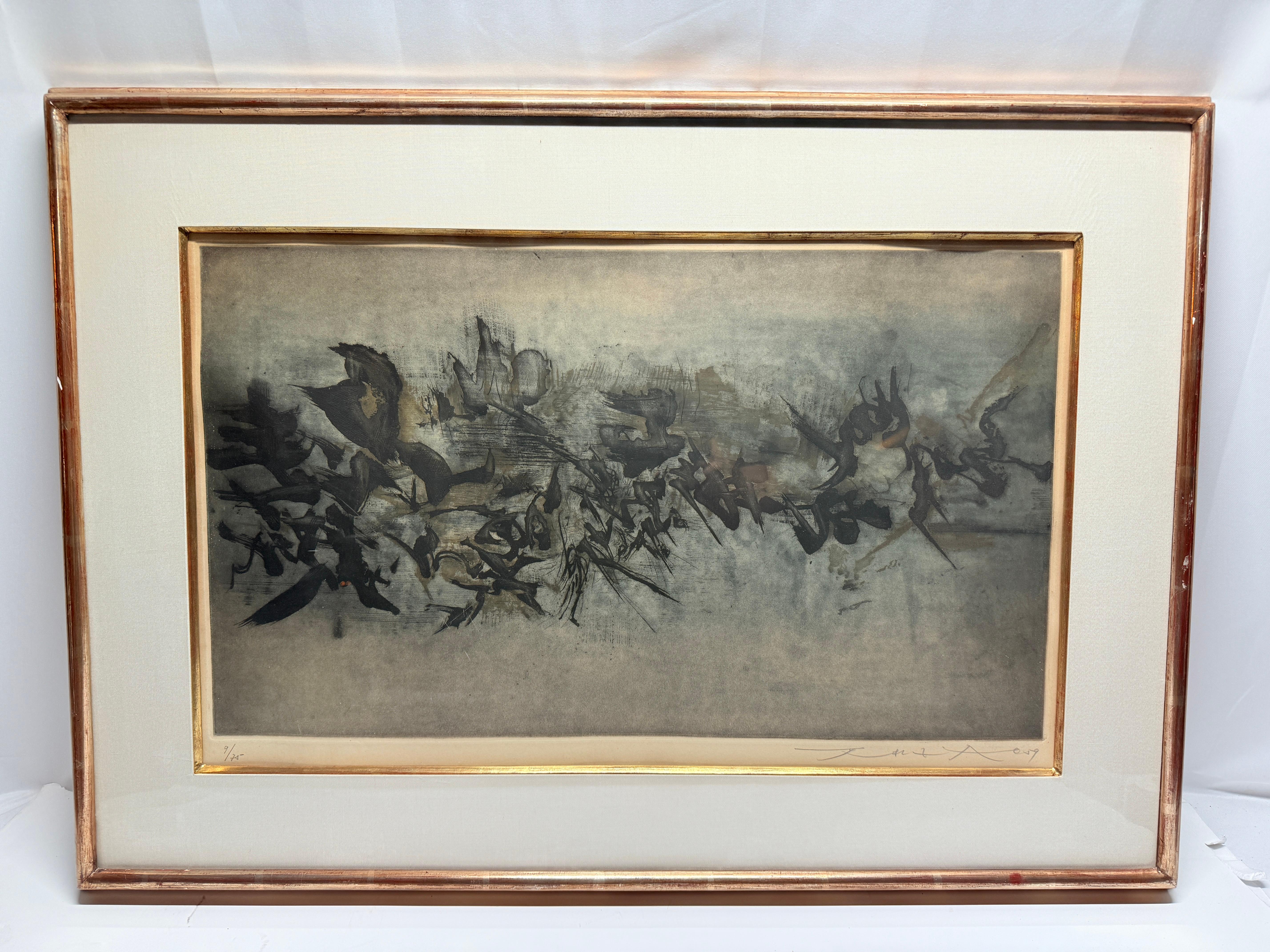 Zao Wou-Ki (cinese-francese, 1921-2013), *Non intitolato (Agerup 120)*, 1959, acquaforte e acquatinta a colori su carta Rives BFK, firmata e datata in grafite in basso a destra, numerata 9/75 in basso a sinistra. Questa composizione lirica e