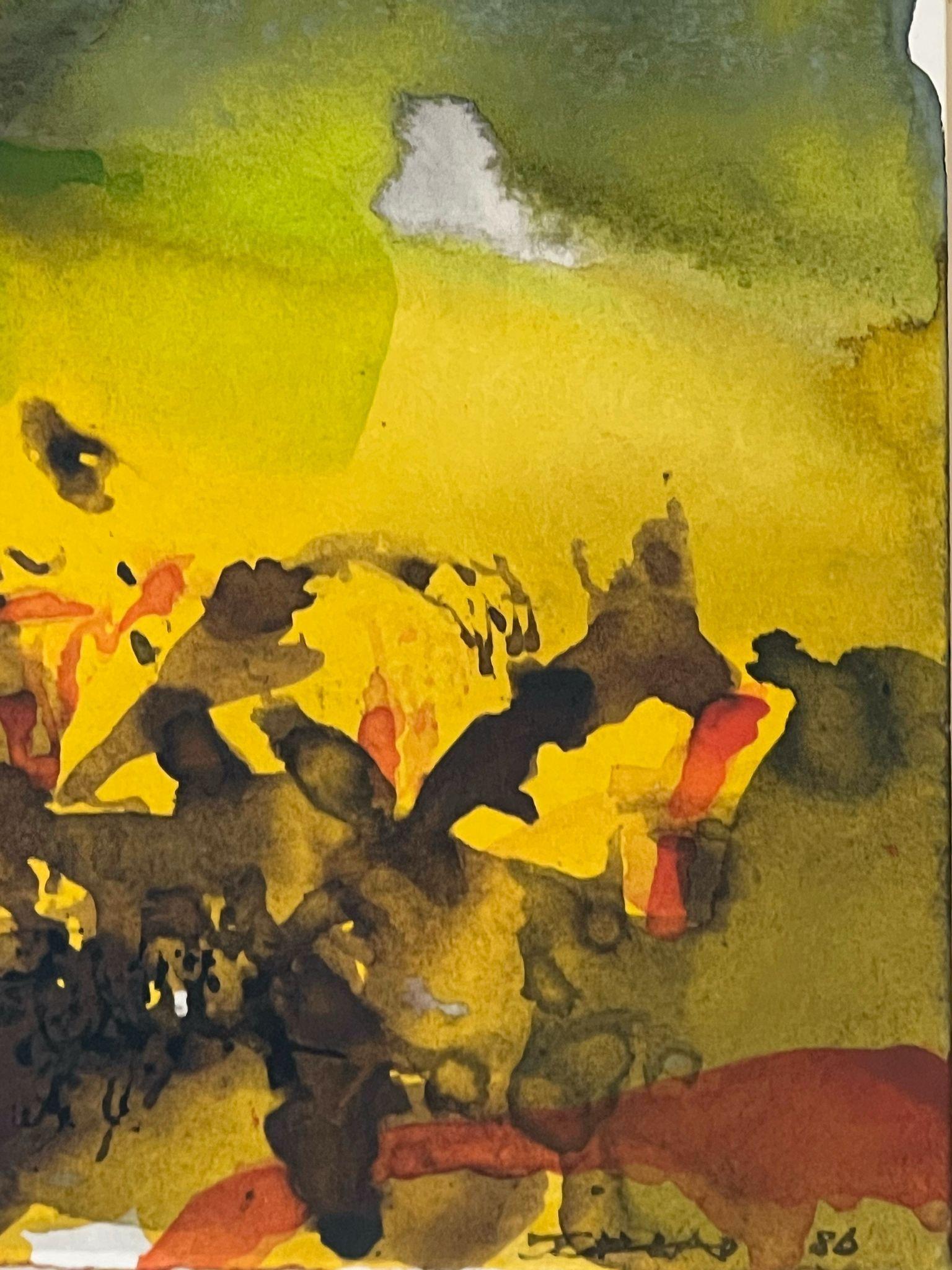 Watercolor and ink on paper, 1986
24.00 cm. x 32.00 cm.  9.45 in. x 12.6 in. (paper)
53.50 cm. x 60.50 cm.  21.06 in. x 23.82 in. (frame)
In this watercolor enhanced with Indian ink, Zao Wou-Ki achieves a pictorial plenitude where color, brilliant