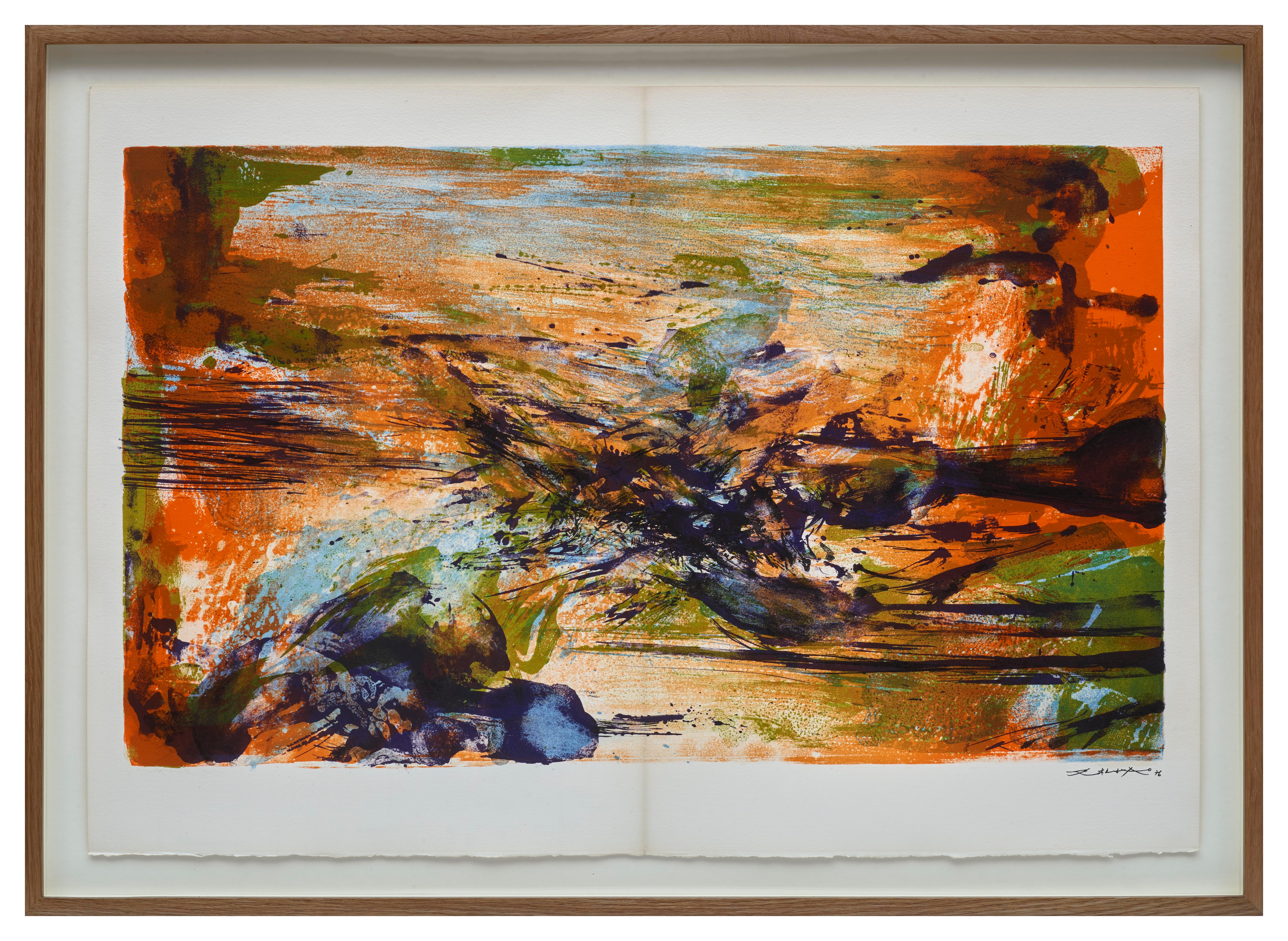 Zao Wou Ki
À la Gloire de l'Image et Art Poétique (Ågerup 271-285), 1976
with the artist’s printed signature and date
The portfolio, comprising 15 lithographs printed in colours on Arches wove paper, loose (as issued), contained in a paper