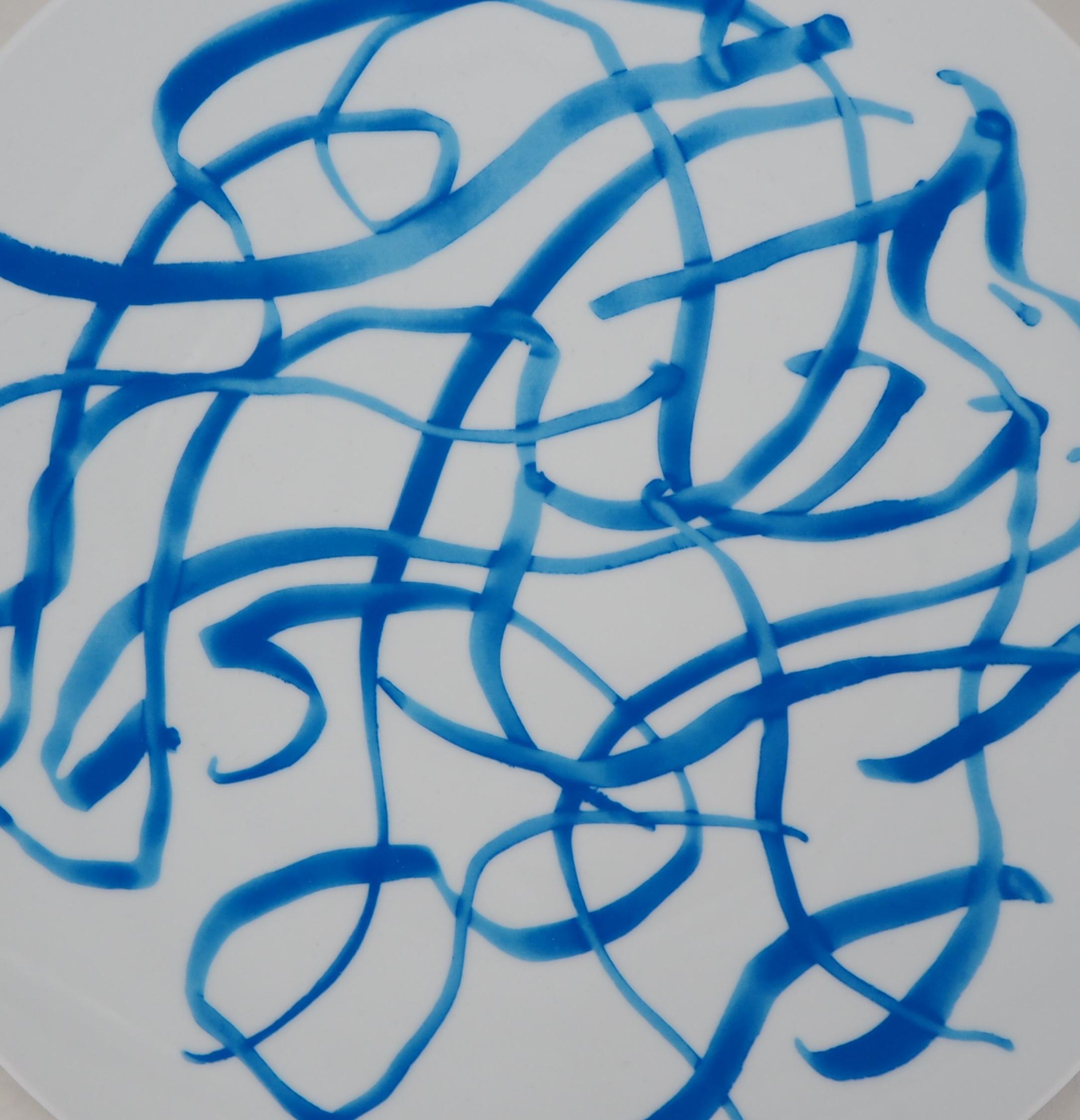 Abstract : Blue Lines - Screenprint of Porcelain Plate (Bernardaud) - White Abstract Print by Zao Wou-Ki