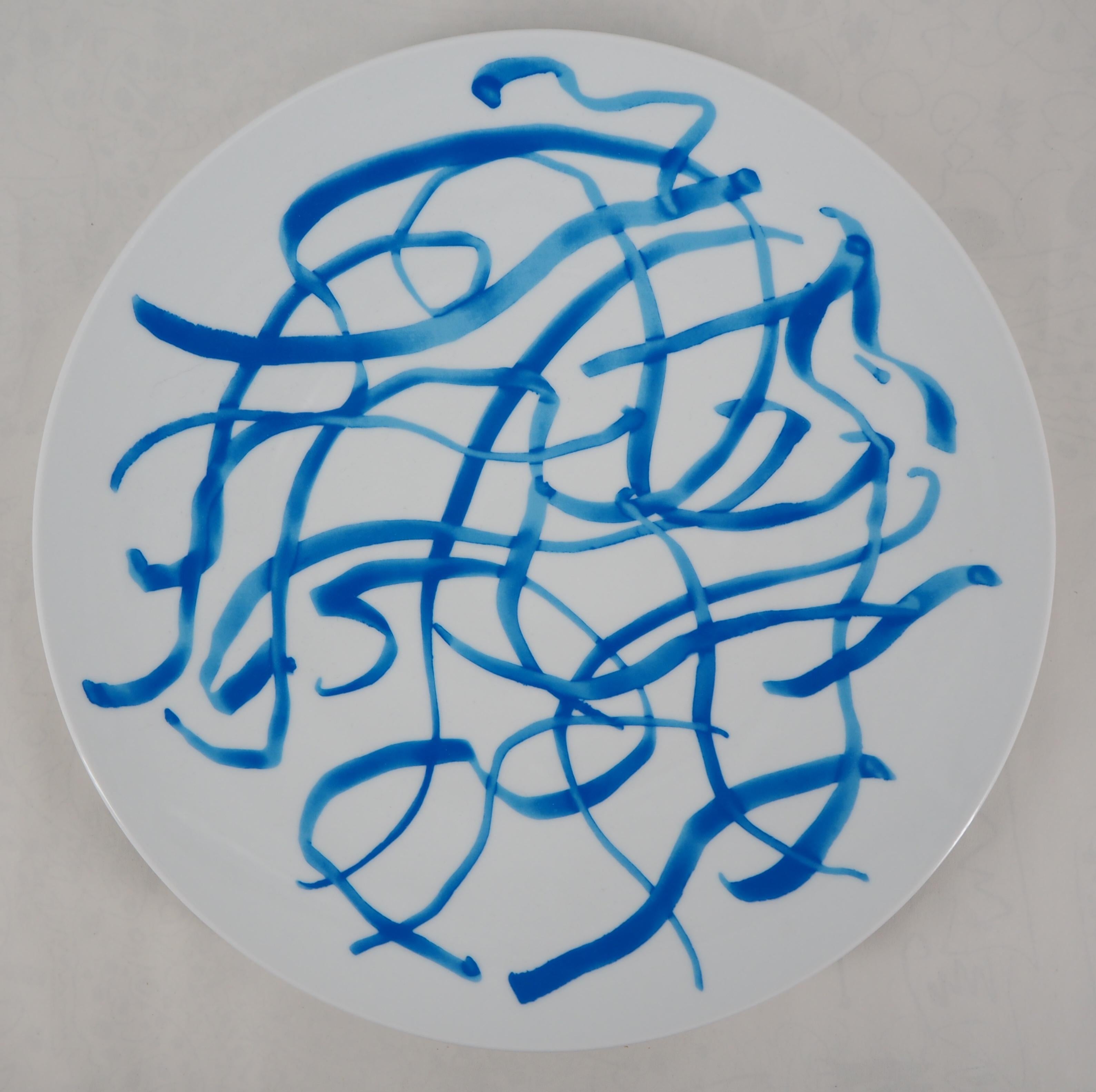Zao Wou-Ki Abstract Print - Abstract : Blue Lines - Screenprint of Porcelain Plate (Bernardaud)