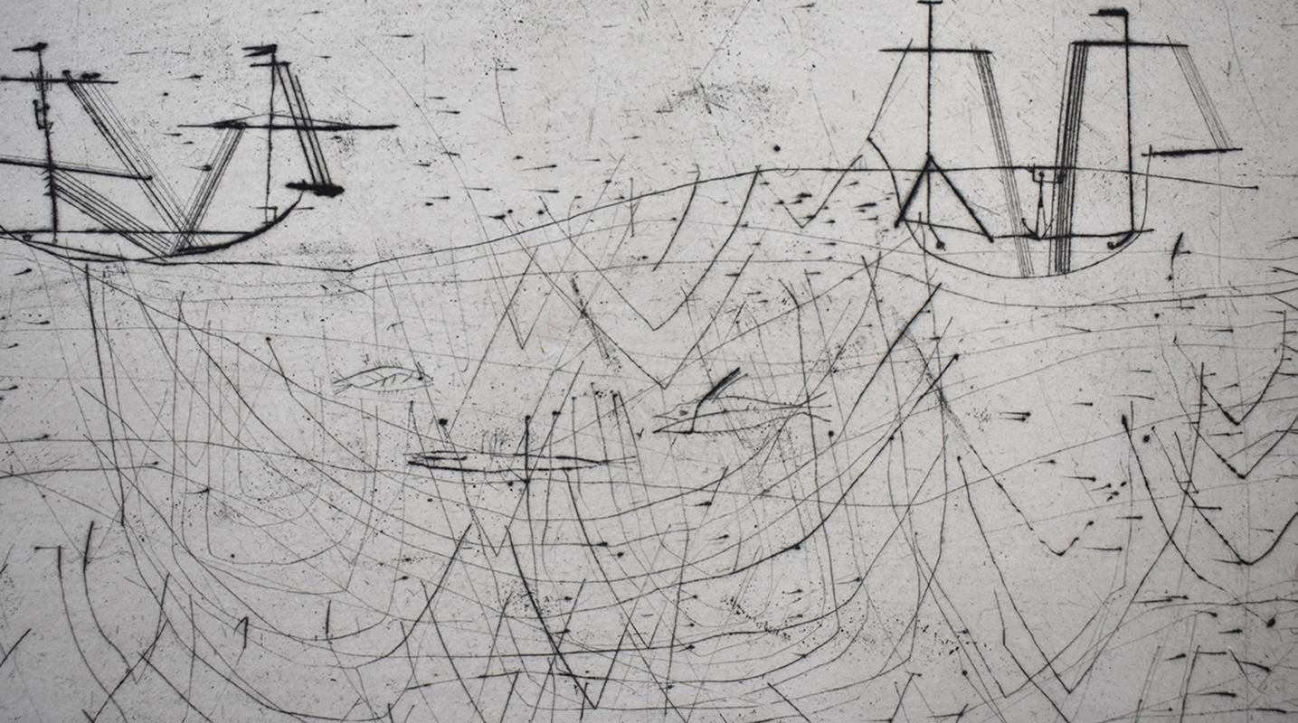 Fischen – signierte Kaltnadelradierung – chinesische, französische, abstrakte Kunst (Grau), Figurative Print, von Zao Wou-Ki