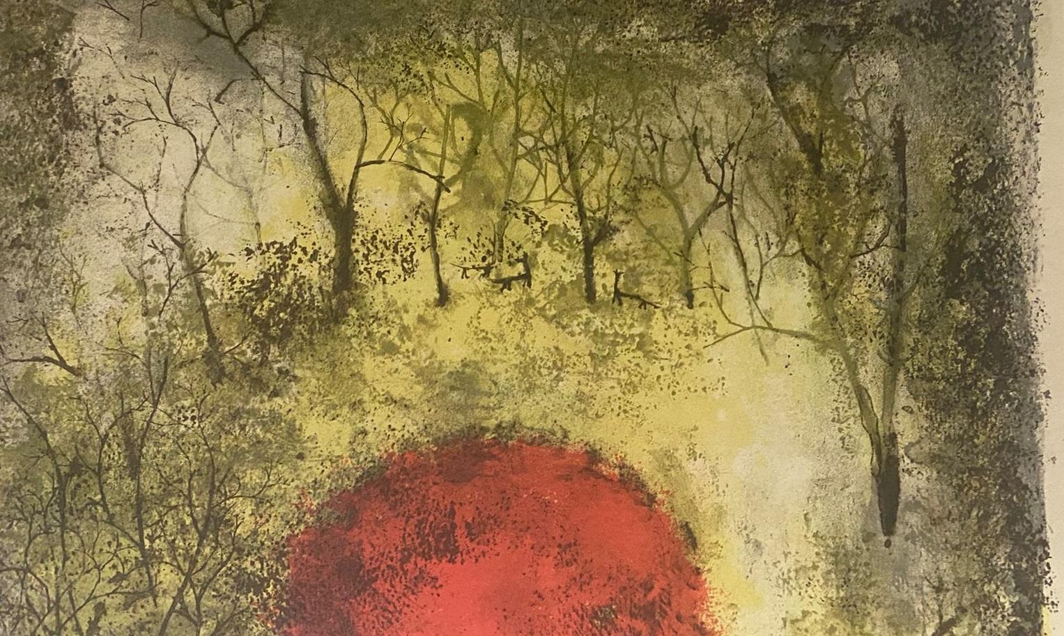 Le Soleil Rouge, color Lithograph on Arches paper
1950 by Zao Wou-ki
Printed by E. and J. Desjobert Paris
signed and numbered
image 48 x 34 cm; sheet 56 x 38 cm
image 18 ⁵⁷/₆₄ x 13 ²⁵/₆₄cm; sheet 22 ³/₆₄ x 14 ⁶¹/₆₄ cm
Edition 48/200
Another copy of