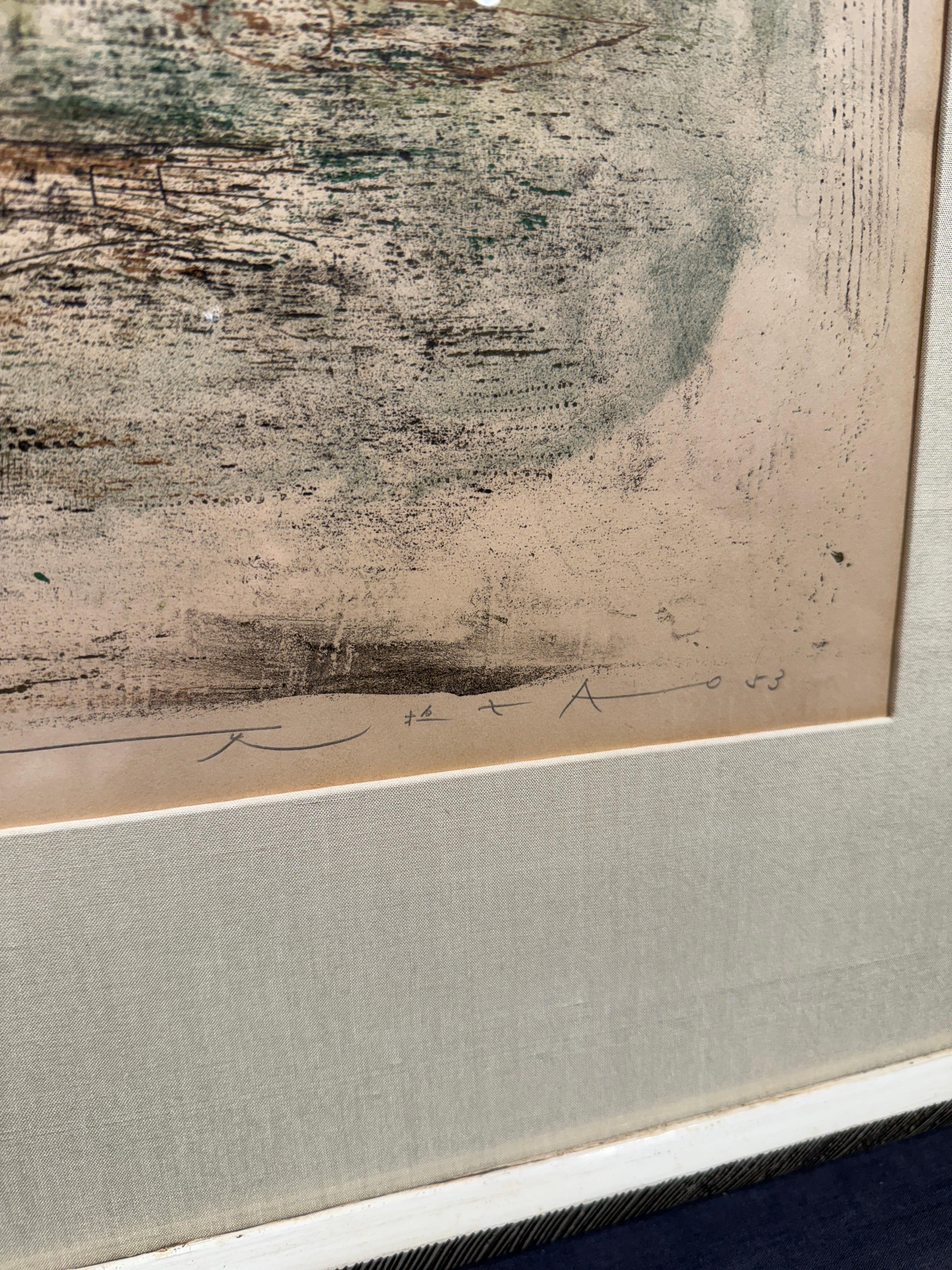 Zao Wou-Ki (Chinese, French, 1921-2013)
Les Poissons, 1953
Lithograph
Hand-signed in pencil Lower Right
Hand-numbered 16/55 in pencil Lower Left
18 x 23 1/8 inches
29 x 33 inches with frame

Zao (Zhao) Wou Ki combines Oriental landscape abstraction