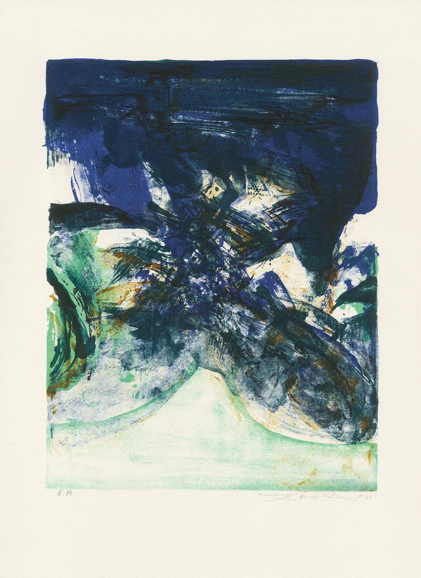 Color lithograph by Wou-Ki Zao 
Untitled from "San Lazarro et ses amis" (portfolio with texts by Yvon Taillandier), 1975
56,5 x 37 cm 
Copy e.a.
Edition of 50 

Zao Wou-Ki (Peking 1921 – 2013 Nyon) was a Chinese-French painter and member of Académie