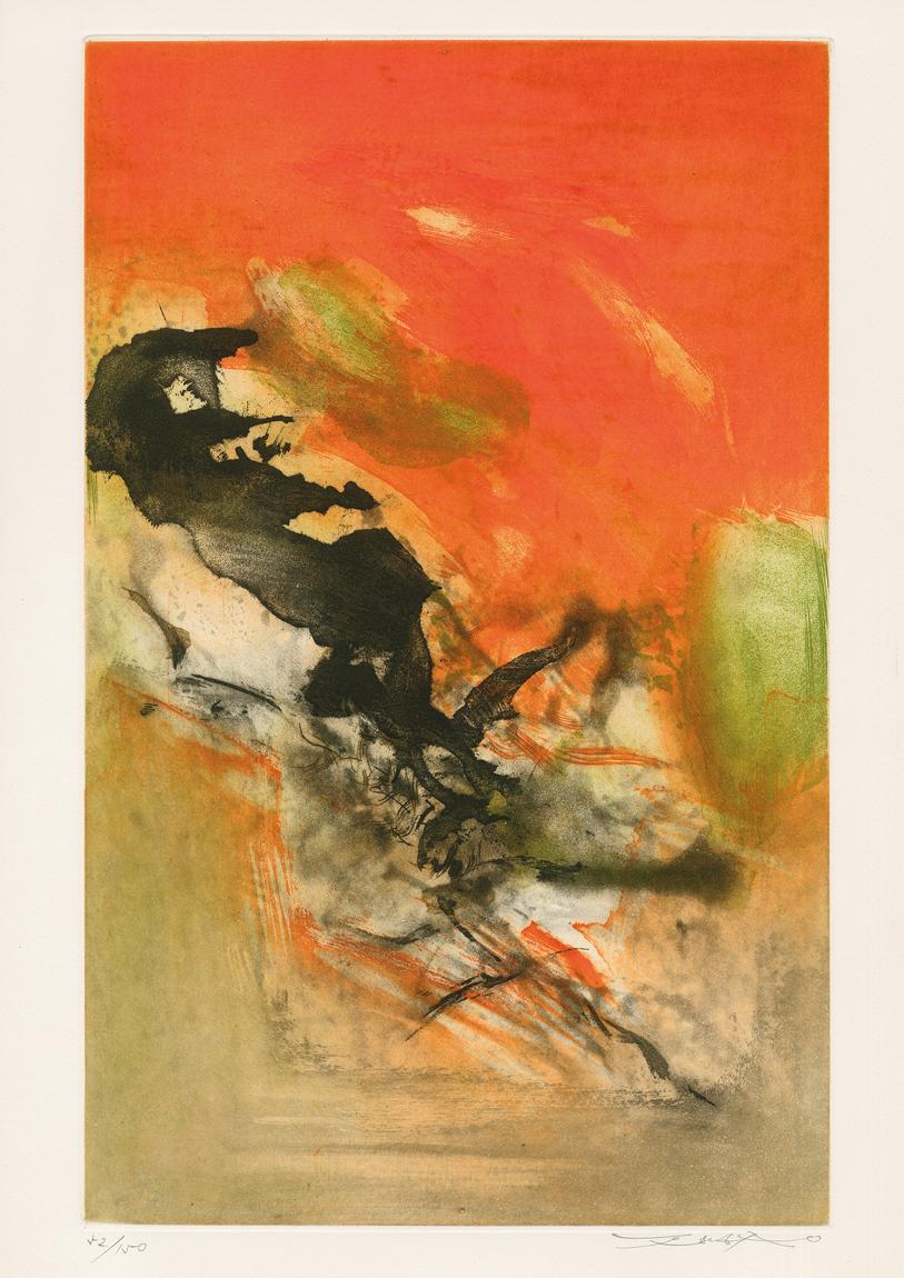 Ohne Titel Blatt 2 von ""Canto Pisan"" von Zao Wou-Ki, Orange, Abstrakt, Schwarz, Grün