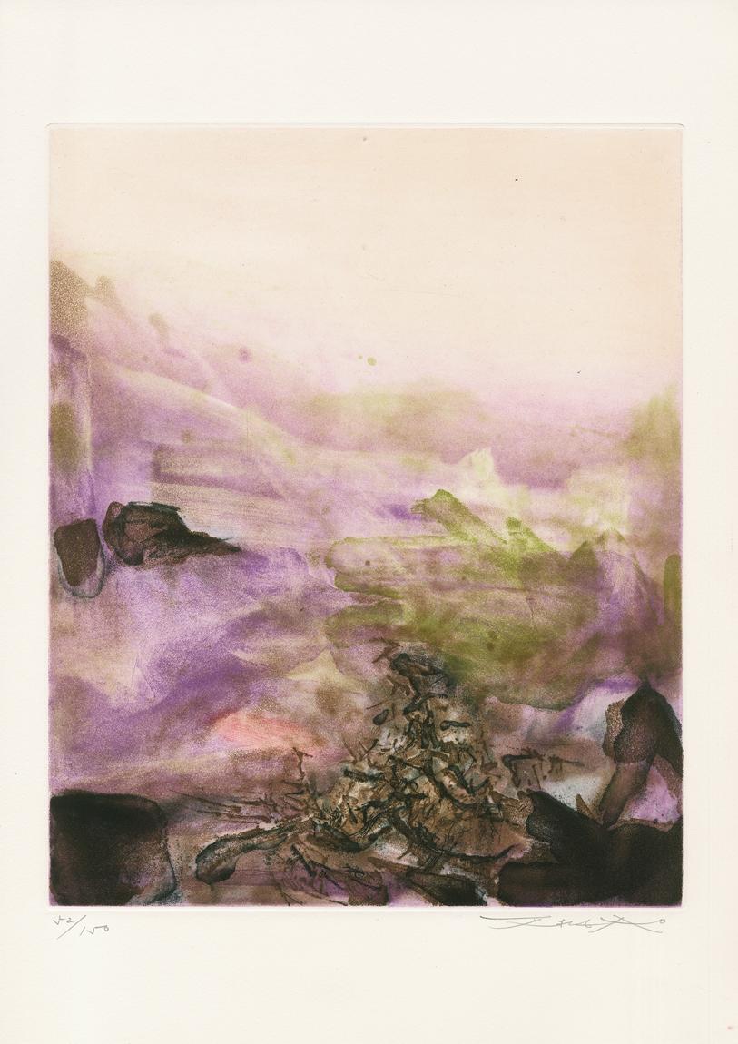 Aquatinte en couleurs par Wou-Ki Zao 
Feuille sans titre 5 de "Canto Pisan" (portfolio avec des poèmes d'Ezra Pound), 1972
50,5 x 33 cm 
Copie 52/150 
Edition de 254 

Zao Wou-Ki (Pékin 1921 - 2013 Nyon) était un peintre franco-chinois, membre de