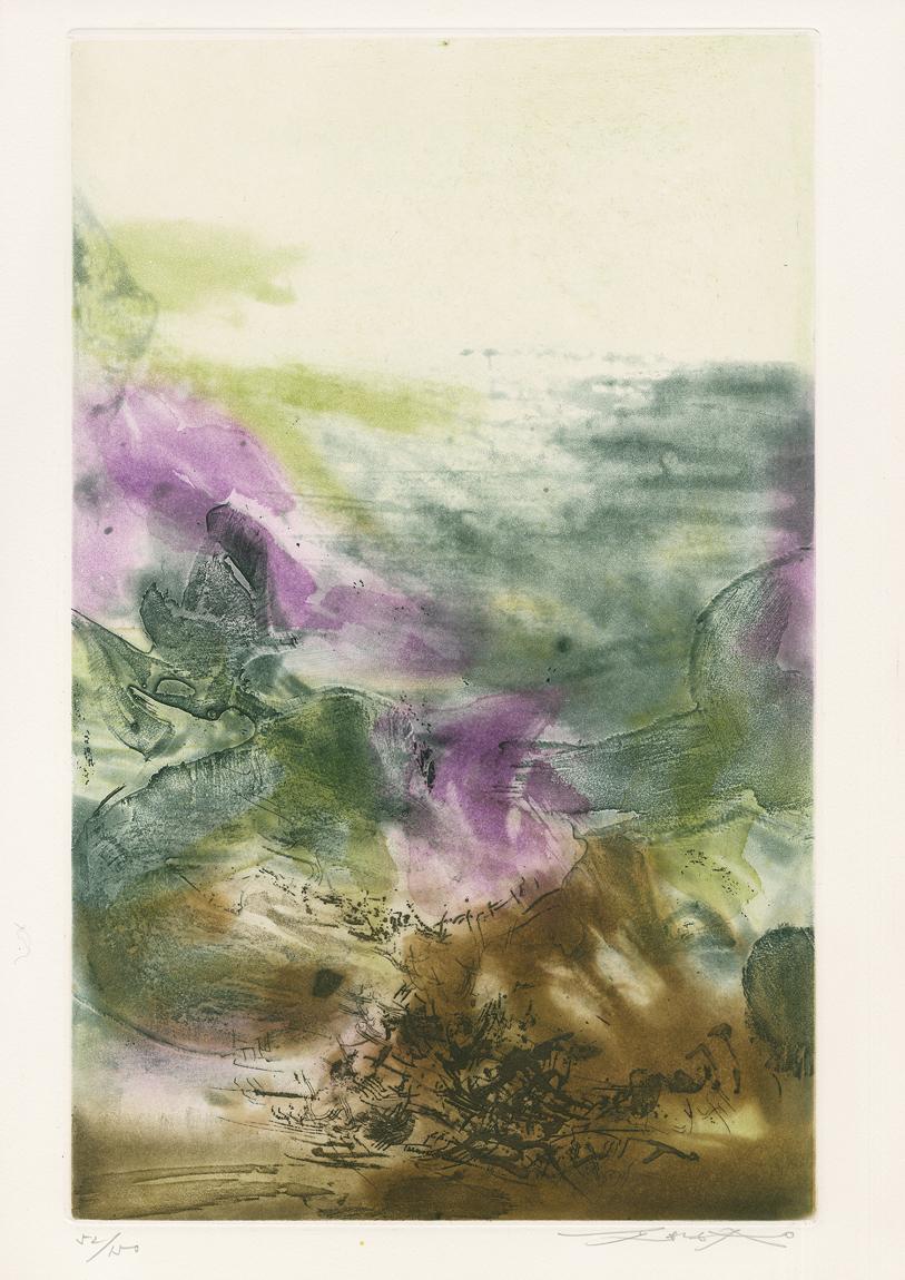 Aquatint in colours by Zao Wou-Ki
Untitled Sheet 7 from "Canto Pisan" (portfolio with poems by Ezra Pound), 1972
50,5 x 33 cm 
Copy 52/150 
Edition of 254 

Zao Wou-Ki (Peking 1921 – 2013 Nyon) was a Chinese-French painter and member of Académie des