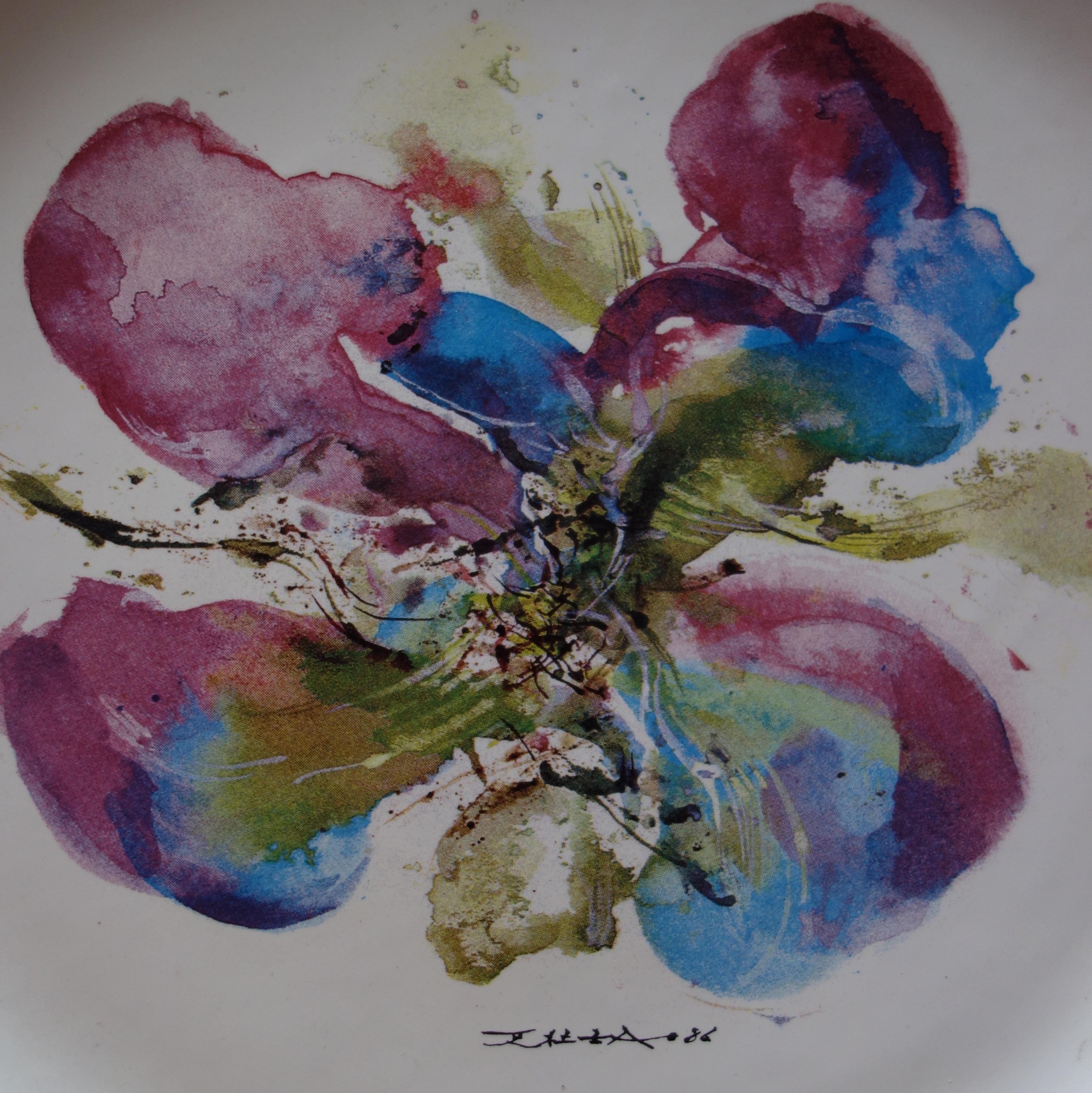 Orchid - Screenprint of Porcelain Plate (BSN Edition, 1986) - Gray Abstract Print by Zao Wou-Ki