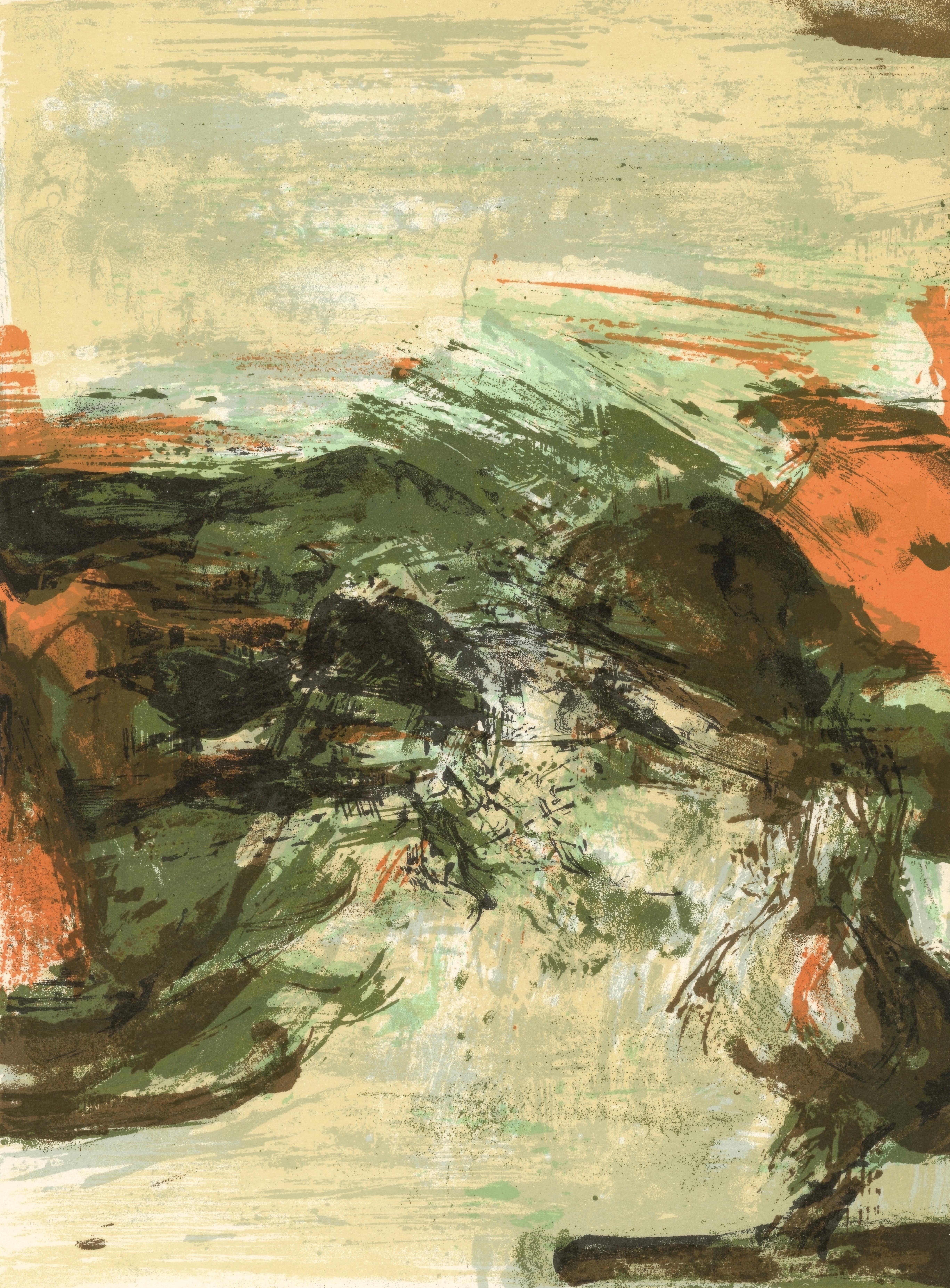 This exquisite lithograph by Zao Wou-Ki (1920–2013), titled Sans titre (Untitled), from the album Ediciones Poligrafa, Barcelona - Redfern Gallery, London, originates from the 1979 edition published by Ediciones Poligrafa, Barcelona, in