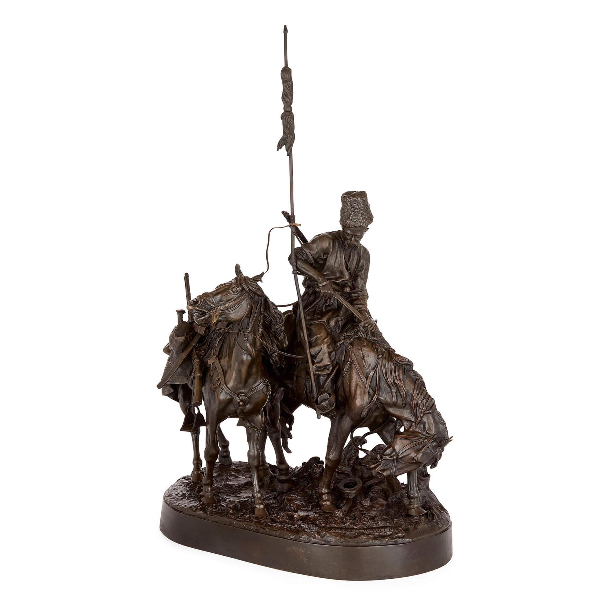Cast Zaporozhian Cossack After Battle Russian Antique Patinated Bronze Sculpture For Sale