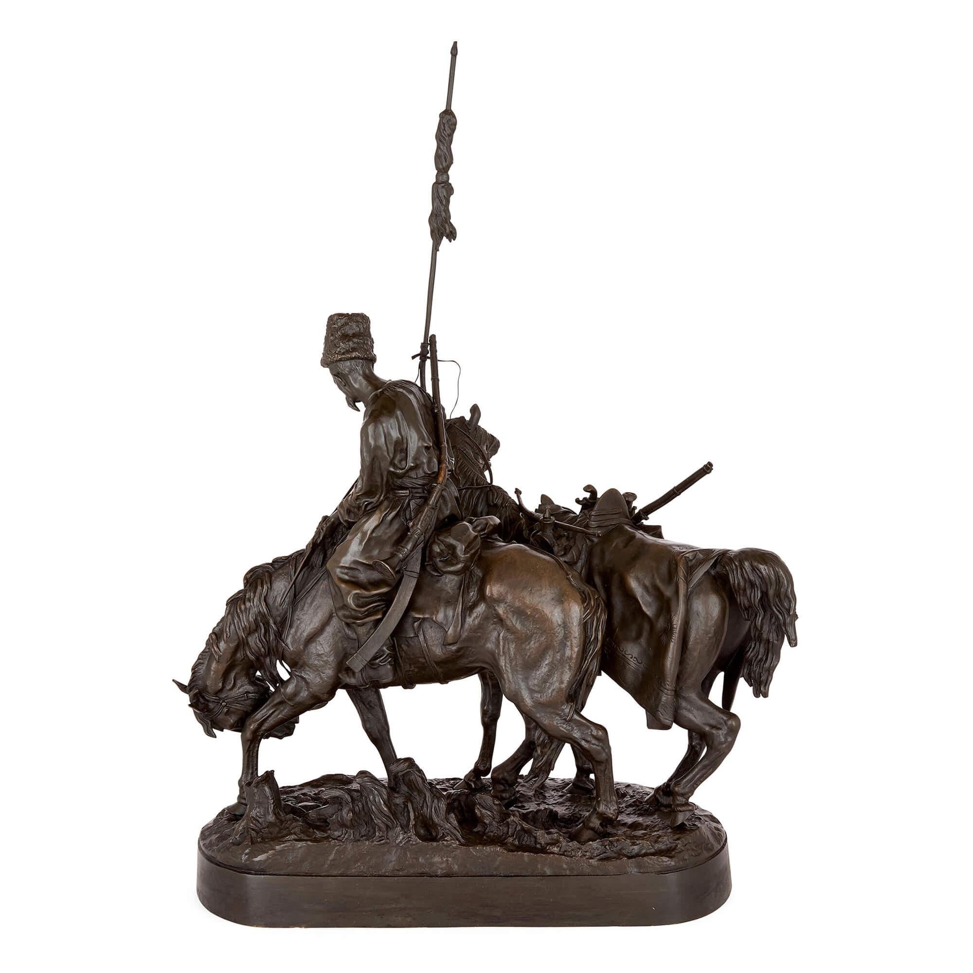 Zaporozhian Cossack After Battle Russian Antique Patinated Bronze Sculpture In Good Condition For Sale In London, GB