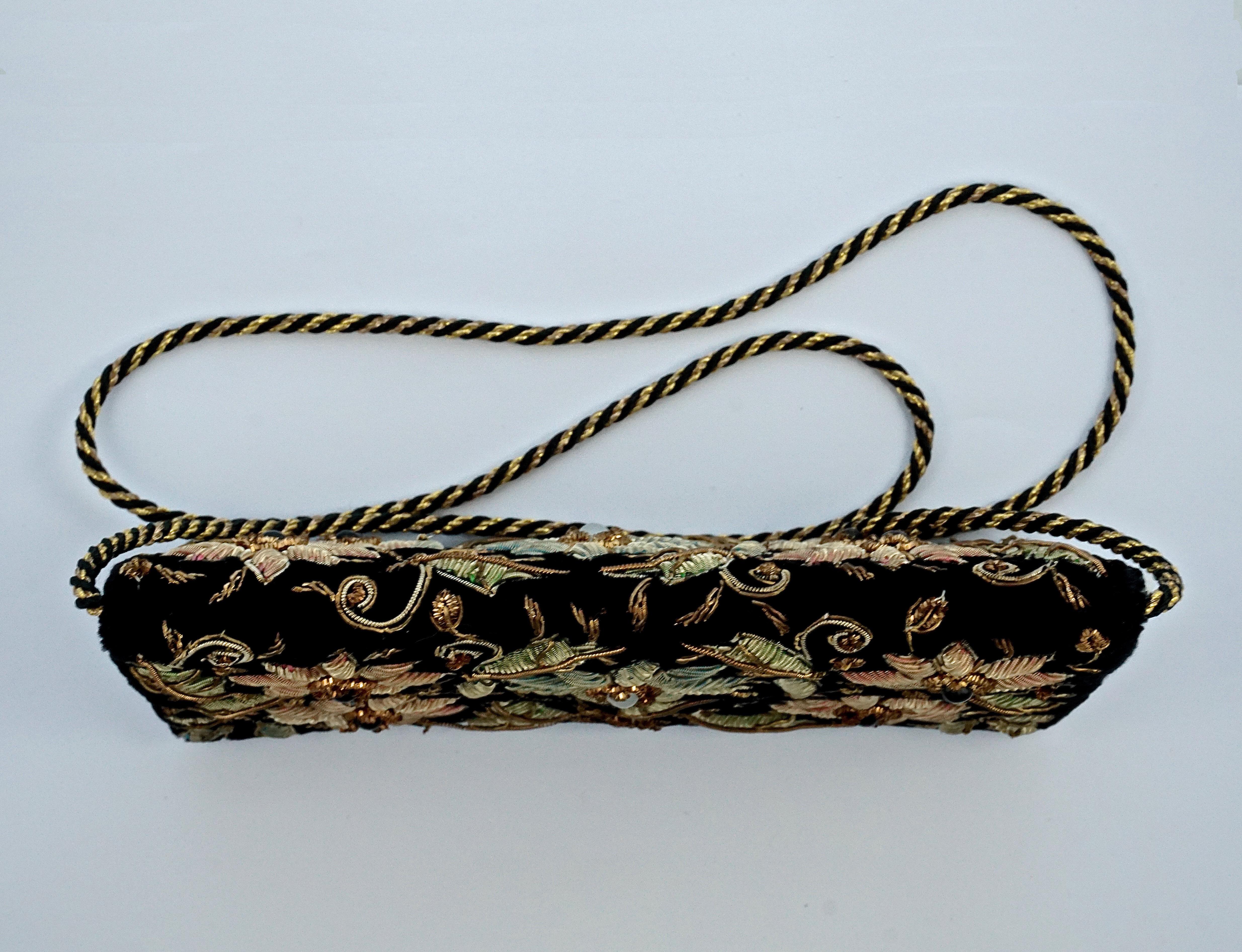 Women's or Men's Zardozi Floral Embroidered Black Velvet Shoulder Bag circa 1950s