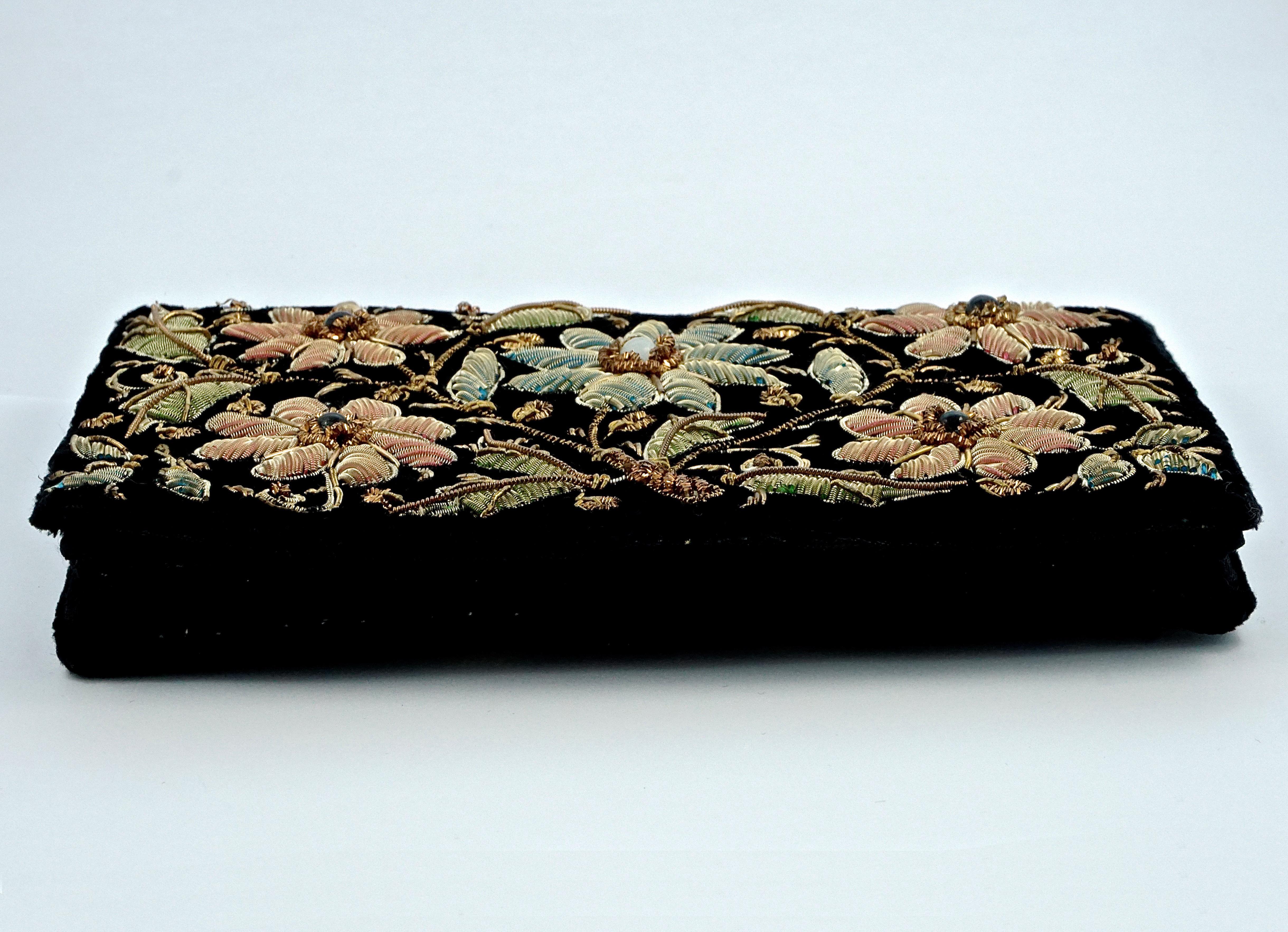 Zardozi Floral Embroidered Black Velvet Shoulder Bag circa 1950s 2
