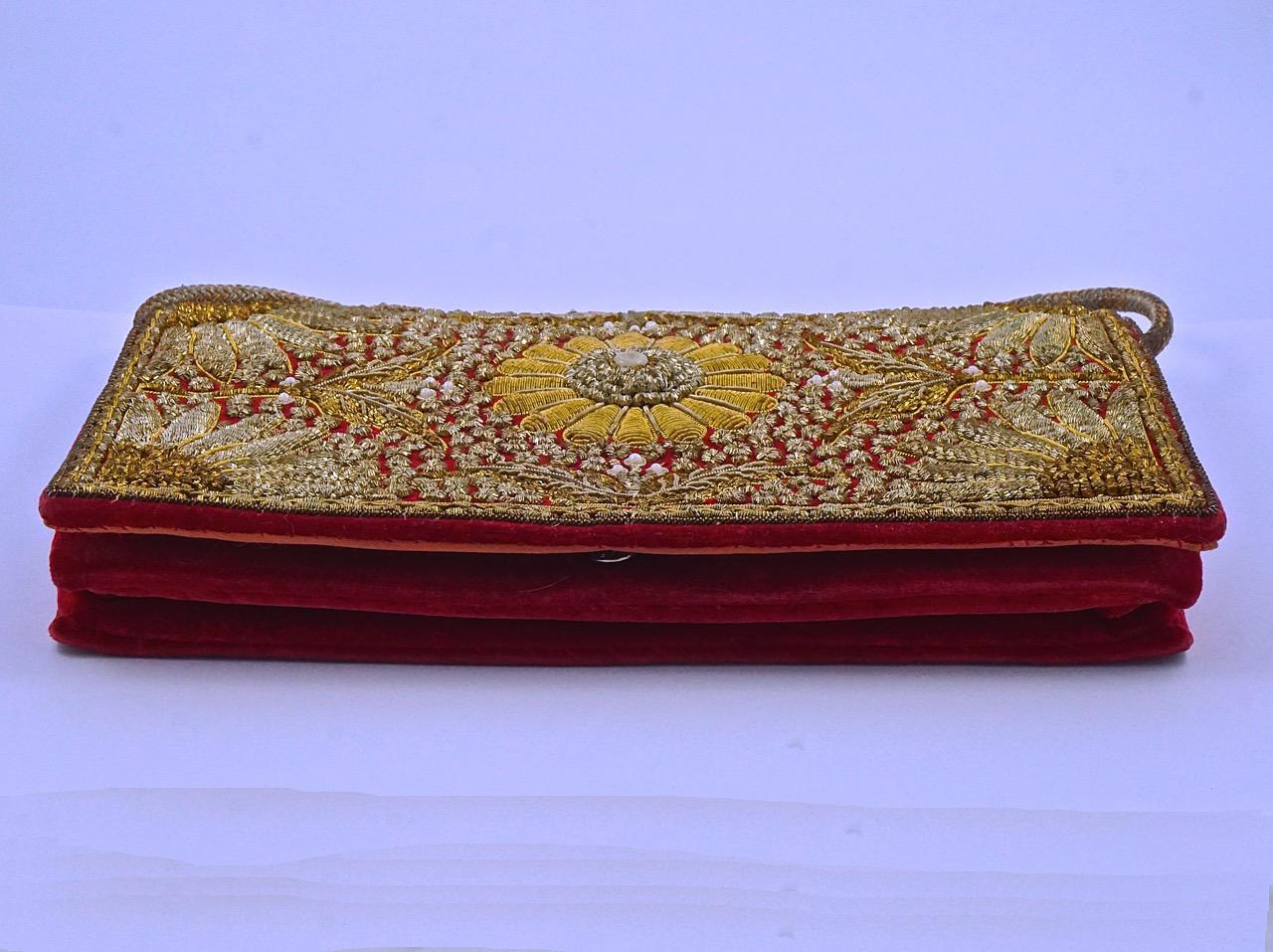 Women's or Men's Zardozi Floral Embroidered Red Velvet Hand Bag circa 1950s