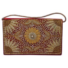 Zardozi Floral Embroidered Red Velvet Hand Bag circa 1950s