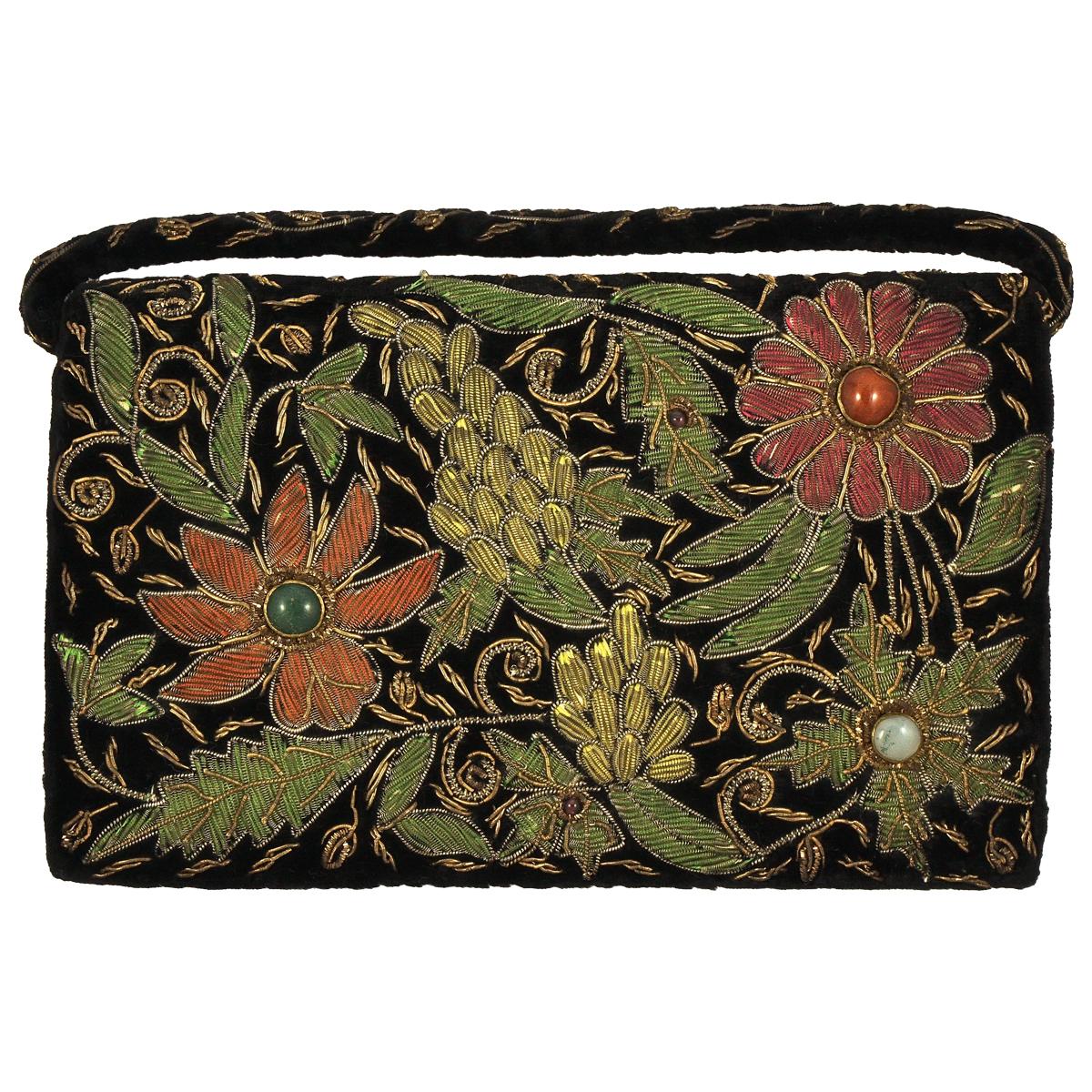 Zardozi Floral Embroidered Velvet Handbag circa 1950s