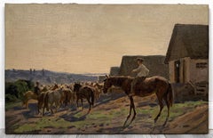 Horses Antique Painting Oil Canvas Landscape Midcentury Equestrian Farm Art